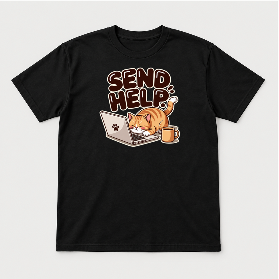 Send Help Sleepy Laptop Cat Graphic T-Shirt & Sweatshirt