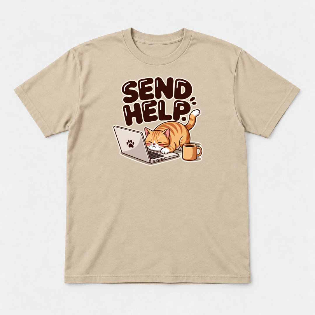 Send Help Sleepy Laptop Cat Graphic T-Shirt & Sweatshirt