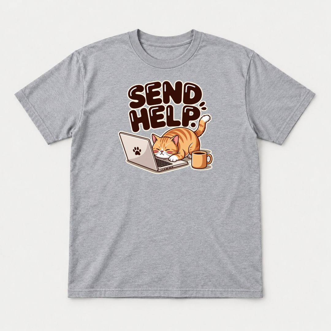Send Help Sleepy Laptop Cat Graphic T-Shirt & Sweatshirt