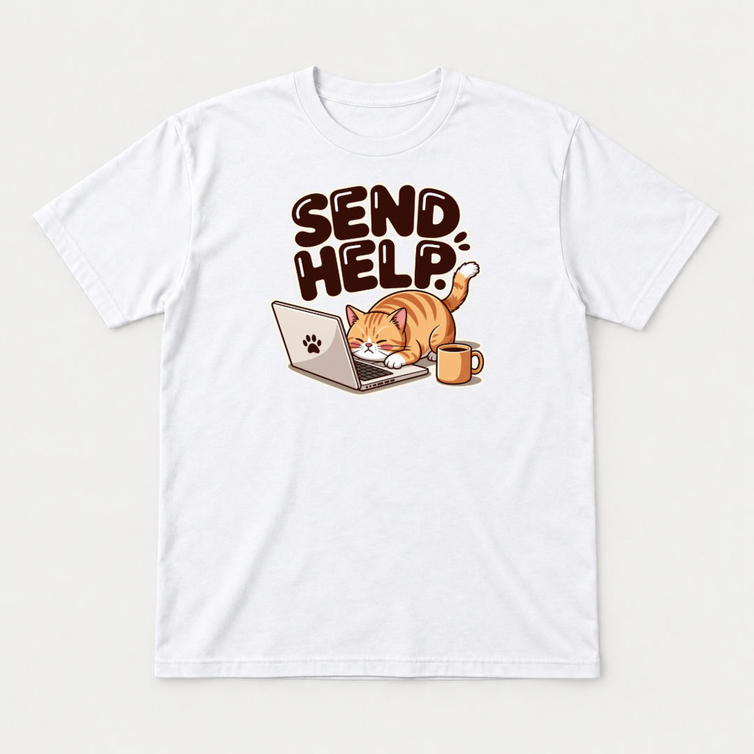 Send Help Sleepy Laptop Cat Graphic T-Shirt & Sweatshirt