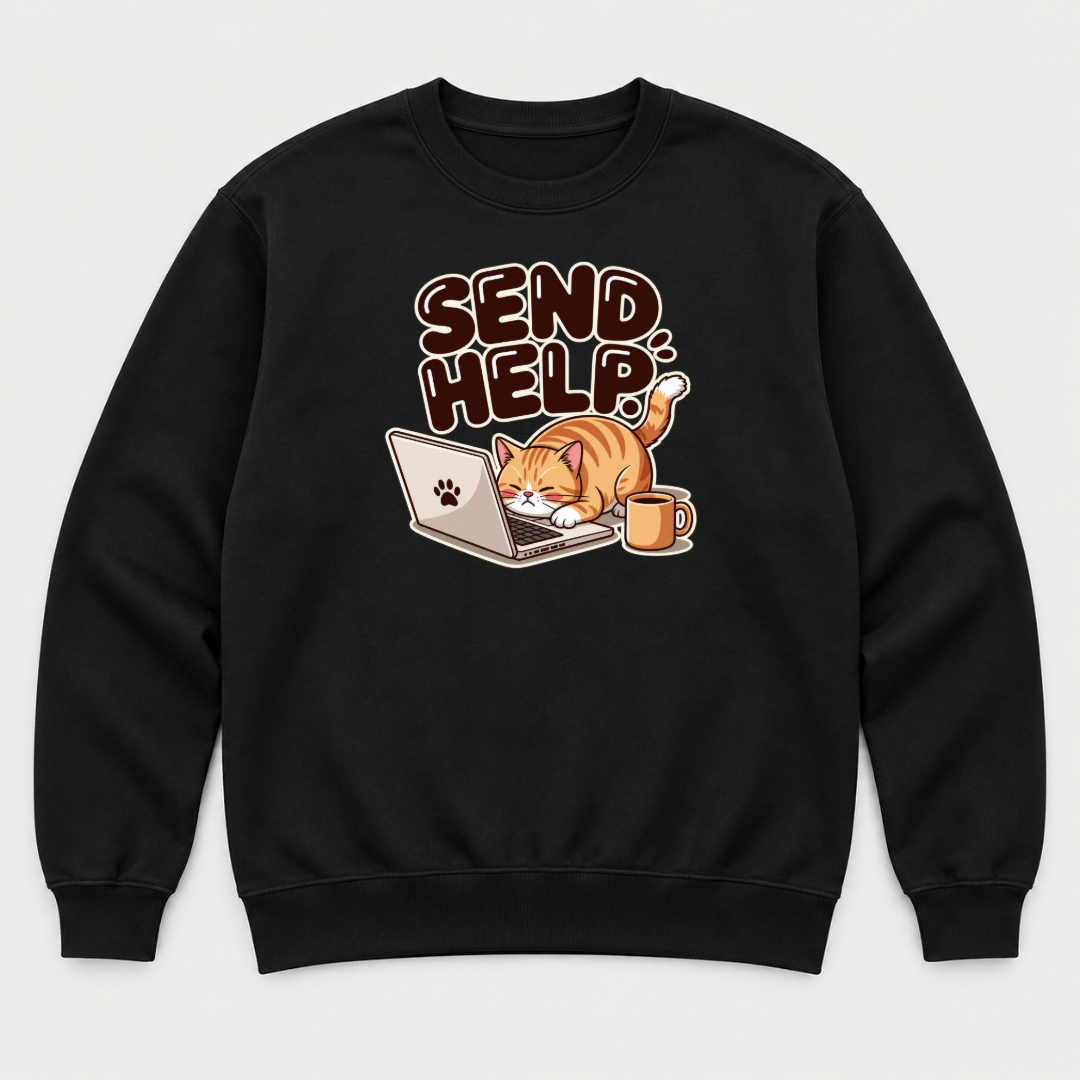 Send Help Sleepy Laptop Cat Graphic T-Shirt & Sweatshirt