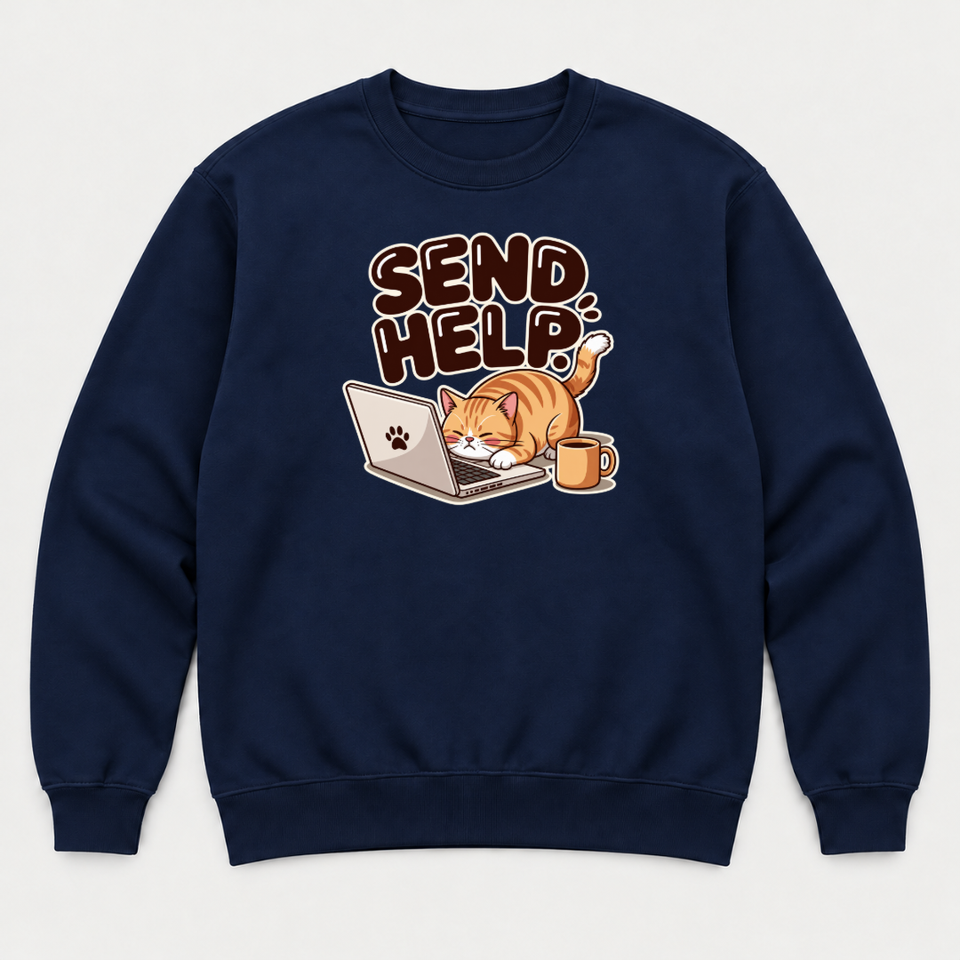 Send Help Sleepy Laptop Cat Graphic T-Shirt & Sweatshirt