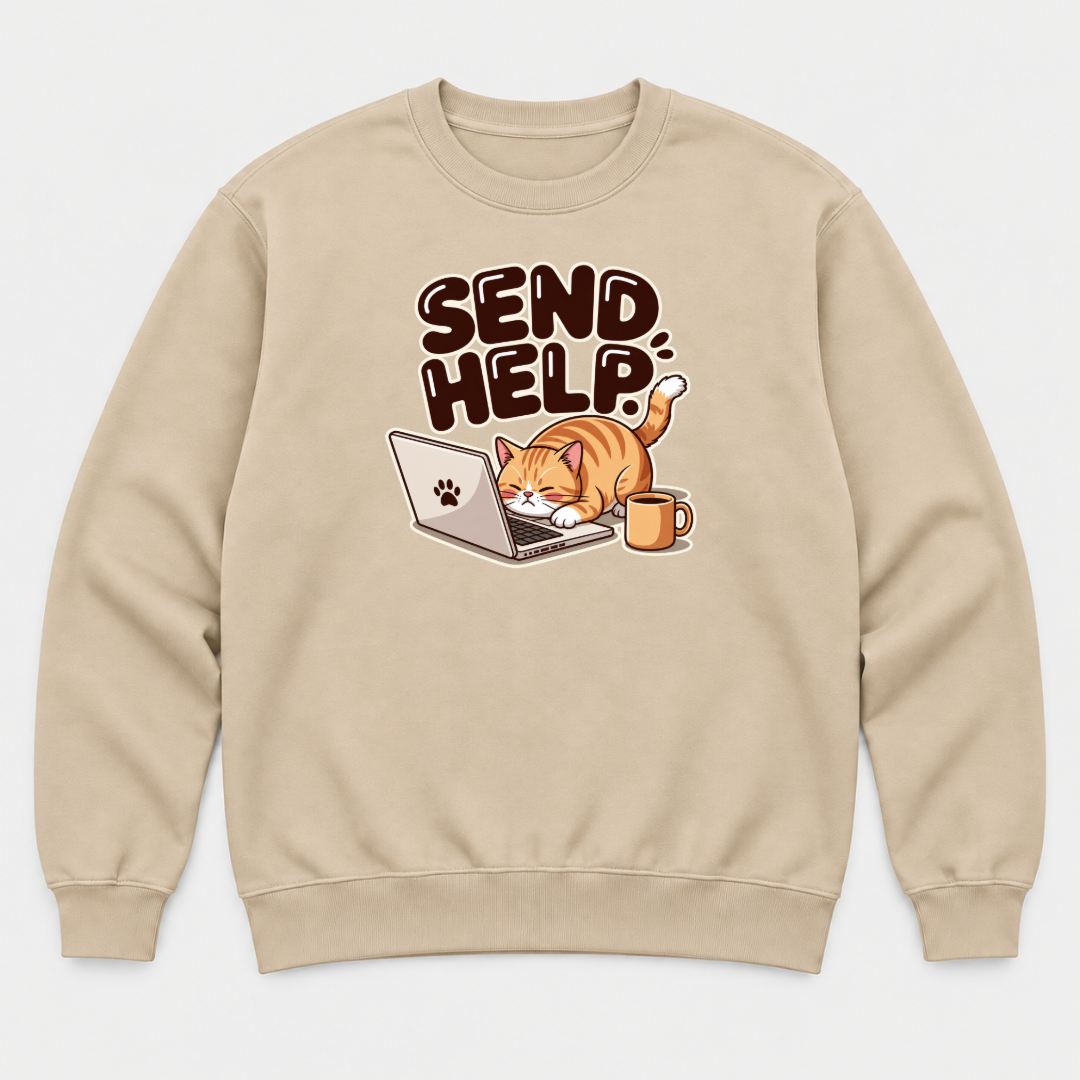 Send Help Sleepy Laptop Cat Graphic T-Shirt & Sweatshirt