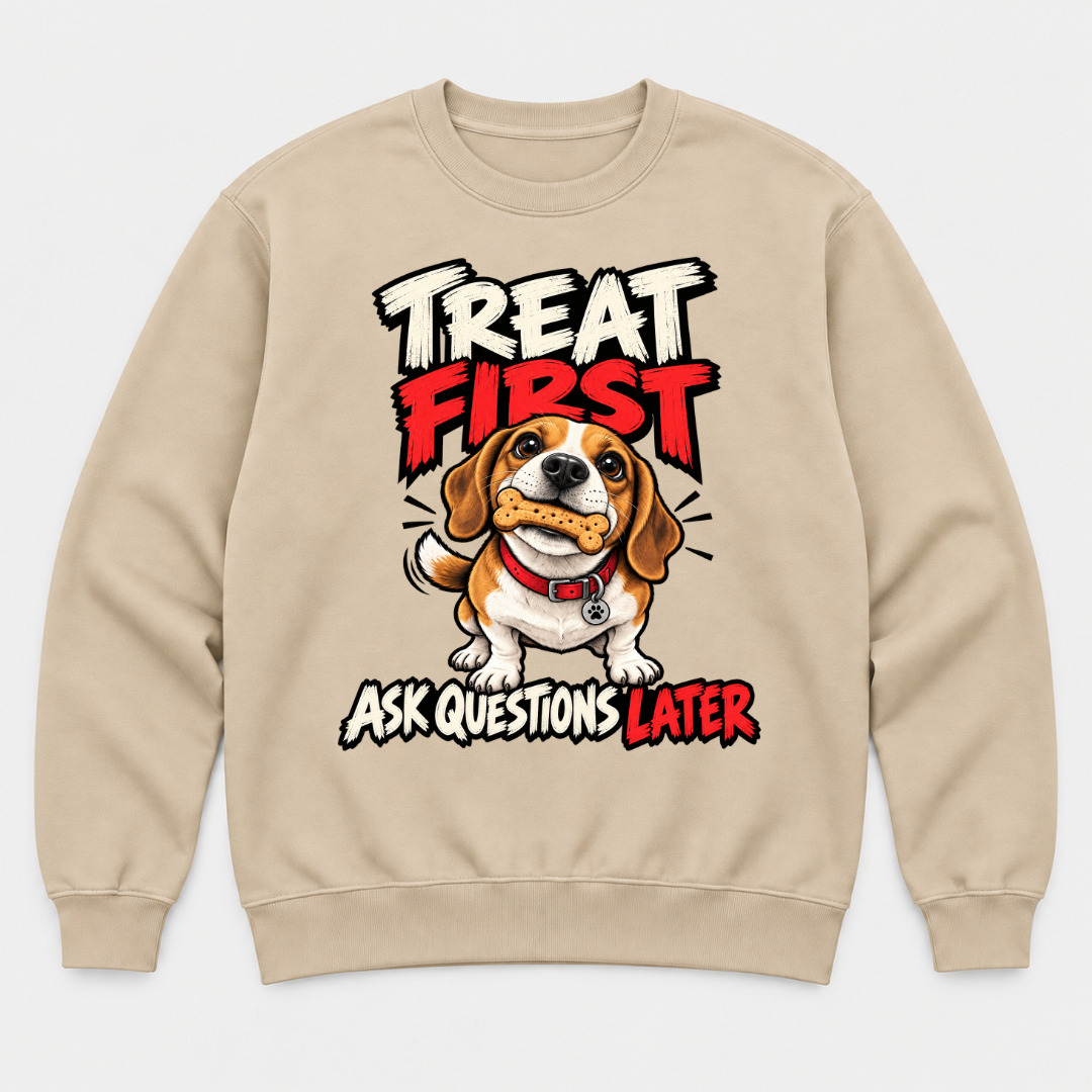 Treat First Ask Questions Later Beagle Dog Graphic T-Shirt & Sweatshirt