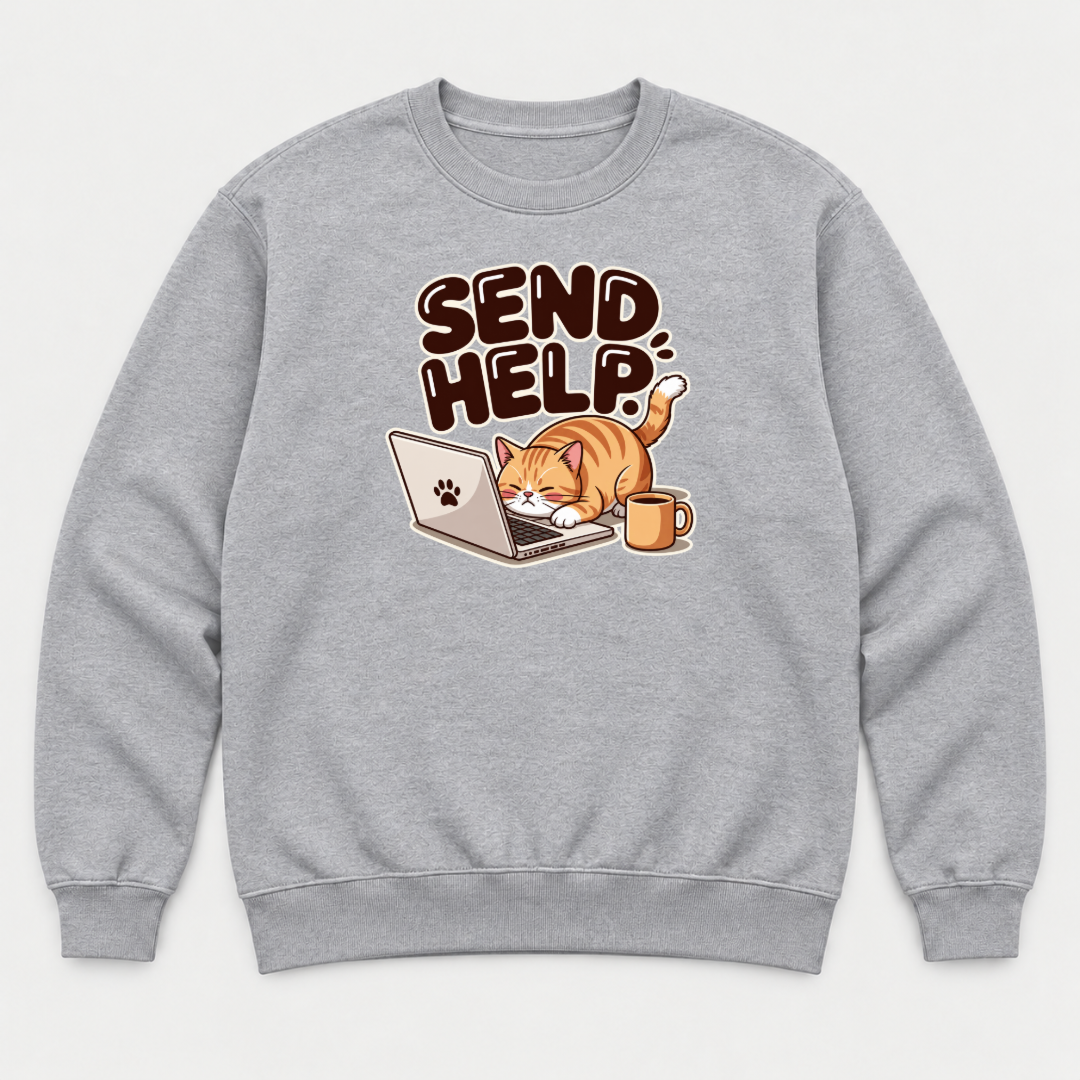 Send Help Sleepy Laptop Cat Graphic T-Shirt & Sweatshirt