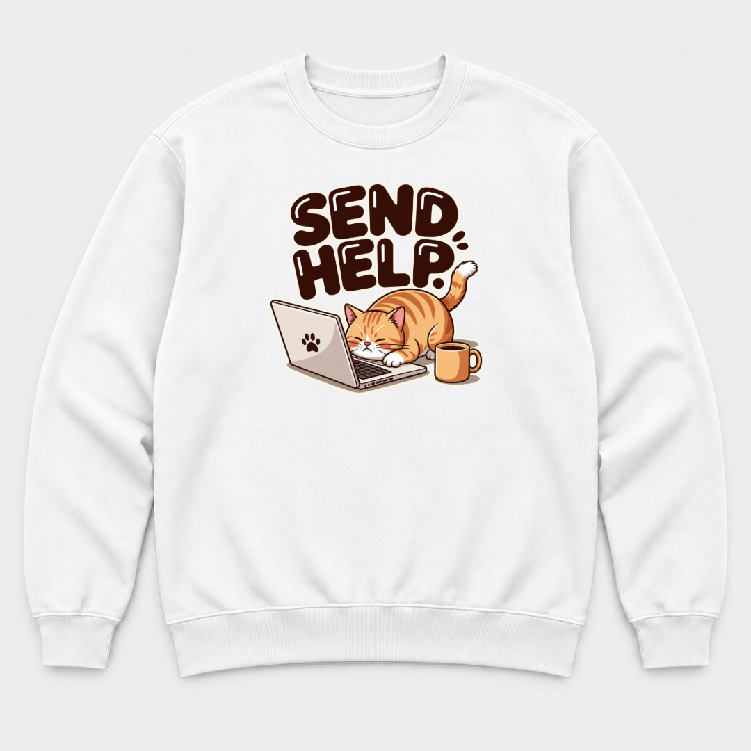 Send Help Sleepy Laptop Cat Graphic T-Shirt & Sweatshirt