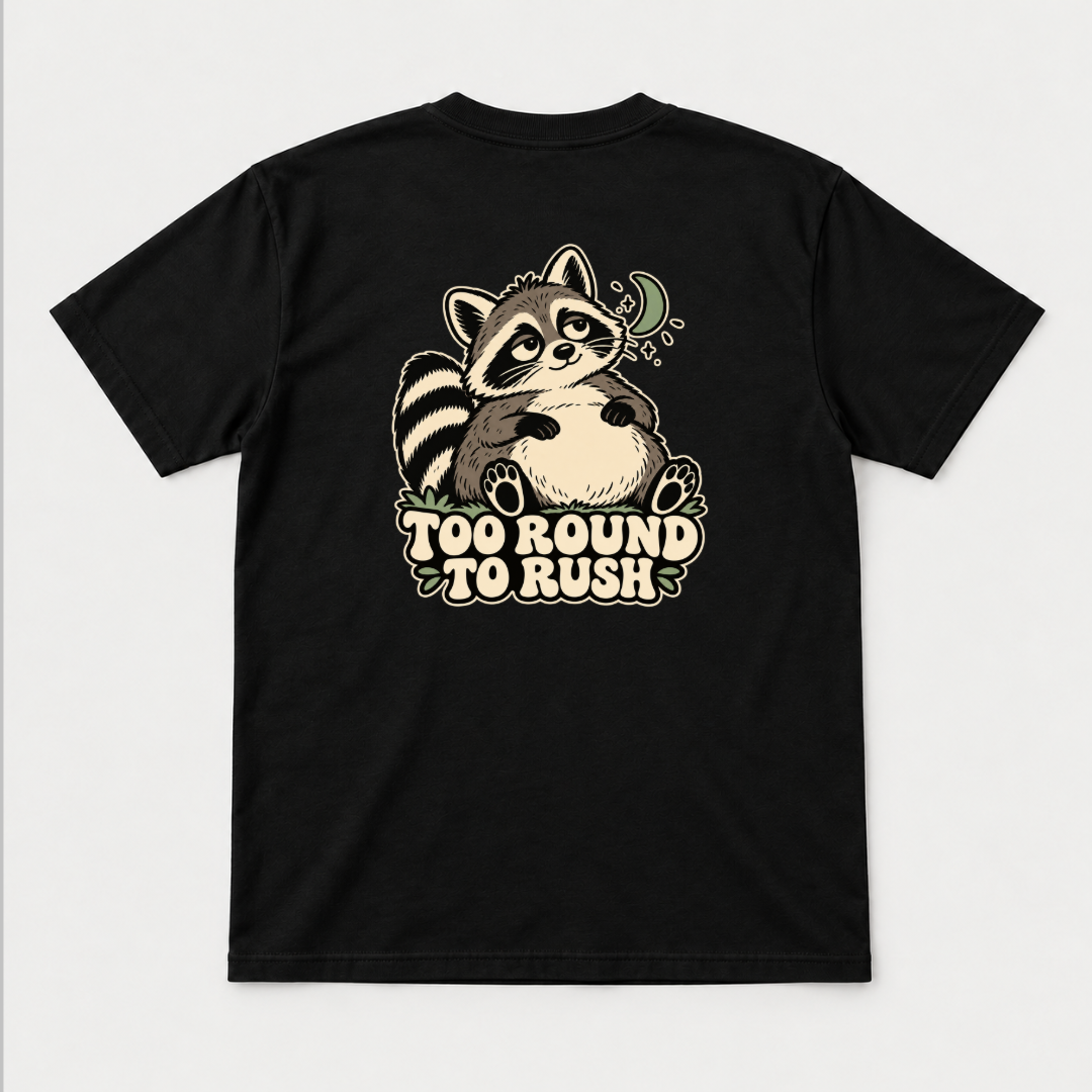 Too Round to Rush Raccoon Graphic - T-Shirt, Hoodie & Sweatshirt — tshirt mockup, Black shirt
