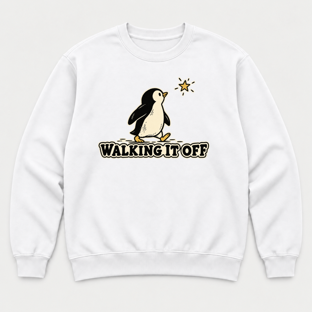 Walking It Off Penguin Graphic - T-Shirt, Hoodie & Sweatshirt — sweatshirt mockup, White shirt