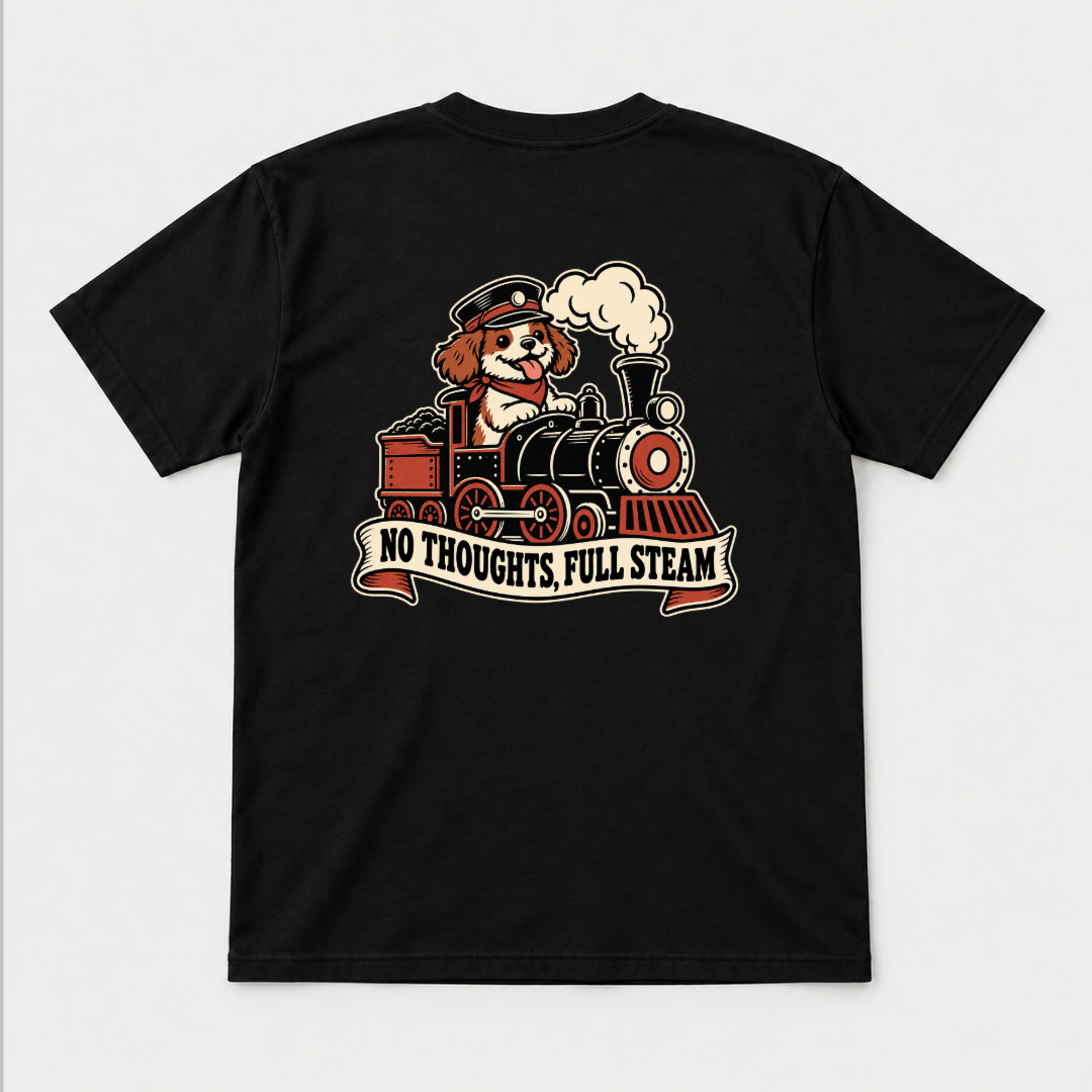 No Thoughts Full Steam Train Dog Graphic - T-Shirt, Hoodie & Sweatshirt — tshirt mockup, Black shirt