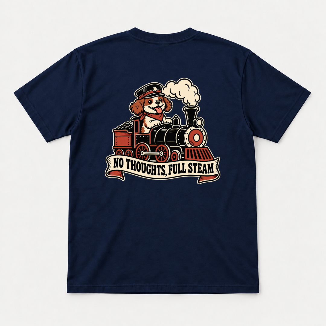 No Thoughts Full Steam Train Dog Graphic - T-Shirt, Hoodie & Sweatshirt — tshirt mockup, Navy shirt