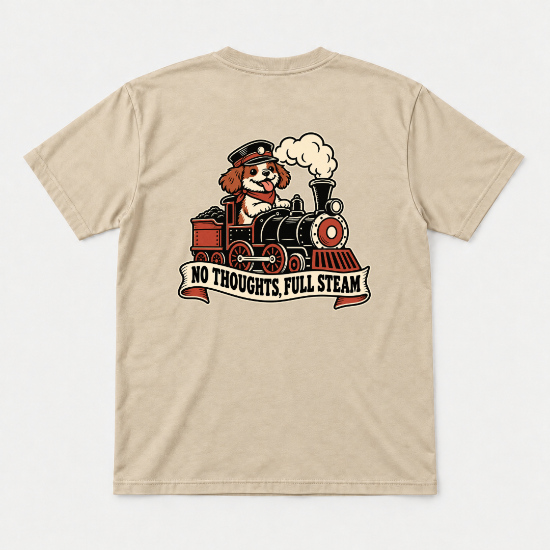 No Thoughts Full Steam Train Dog Graphic - T-Shirt, Hoodie & Sweatshirt — tshirt mockup, Sand shirt