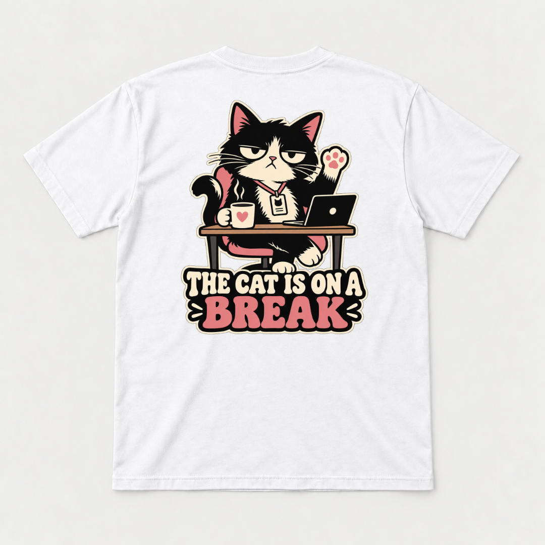 The Cat Is on a Break Graphic - T-Shirt, Hoodie & Sweatshirt — tshirt mockup, White shirt