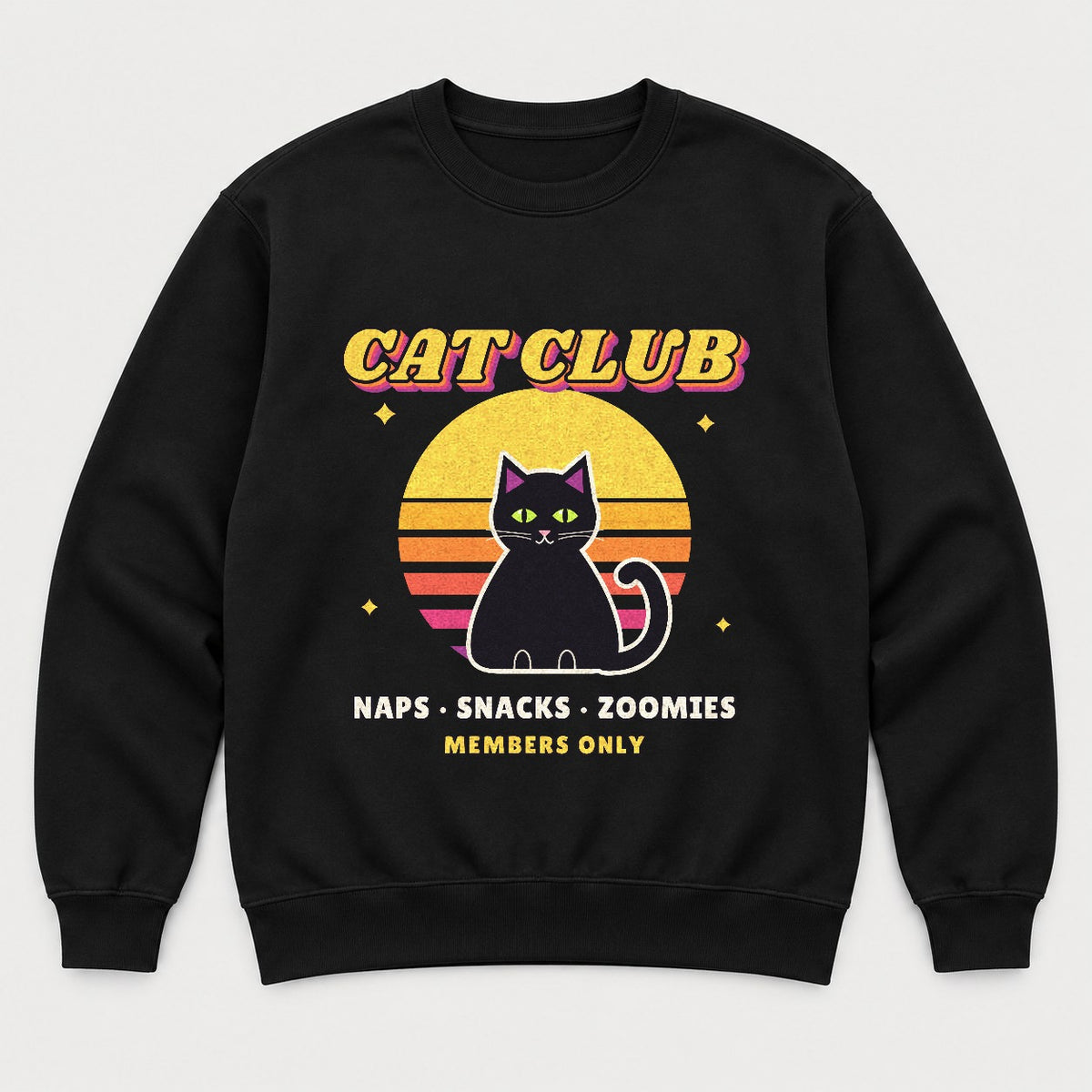 Cat Club Retro Sunset Shirt – Vintage 70s Black Cat Tee & Sweatshirt