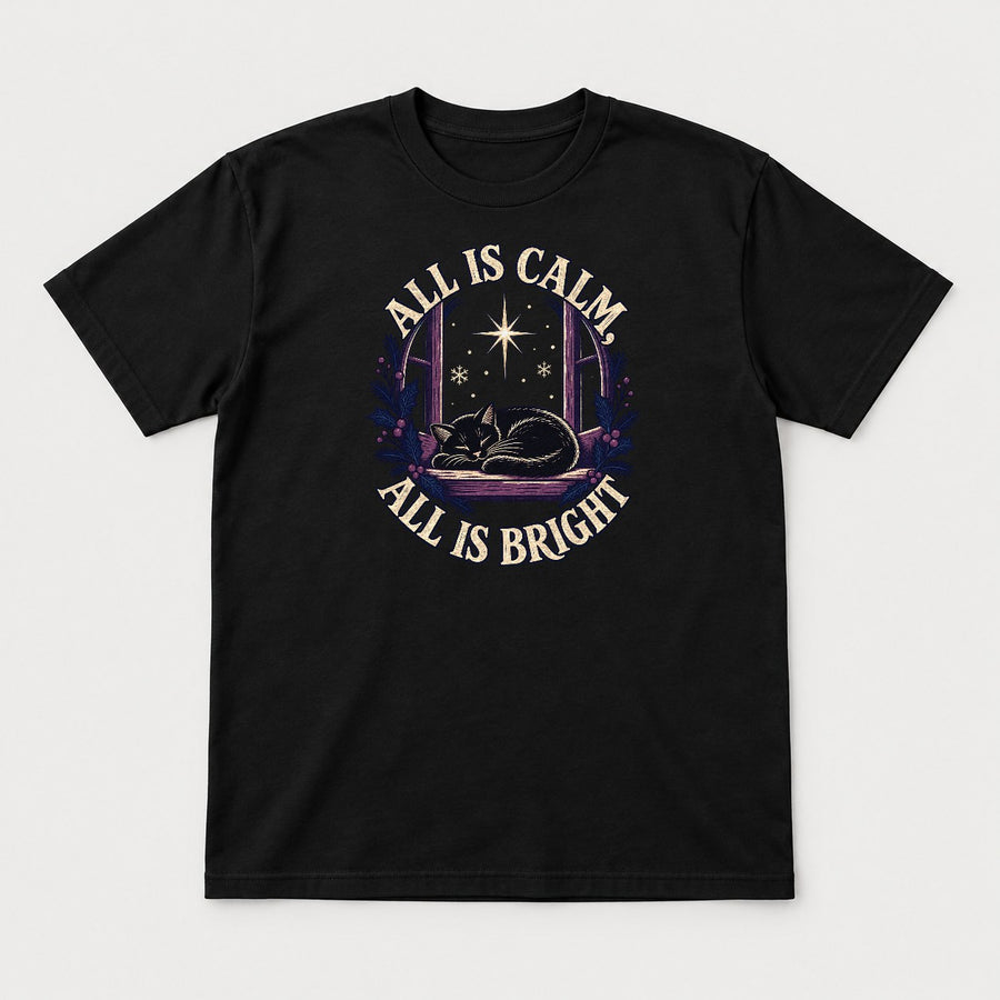 All Is Calm, All Is Bright Sleeping Black Cat Christmas Graphic T-Shirt & Sweatshirt