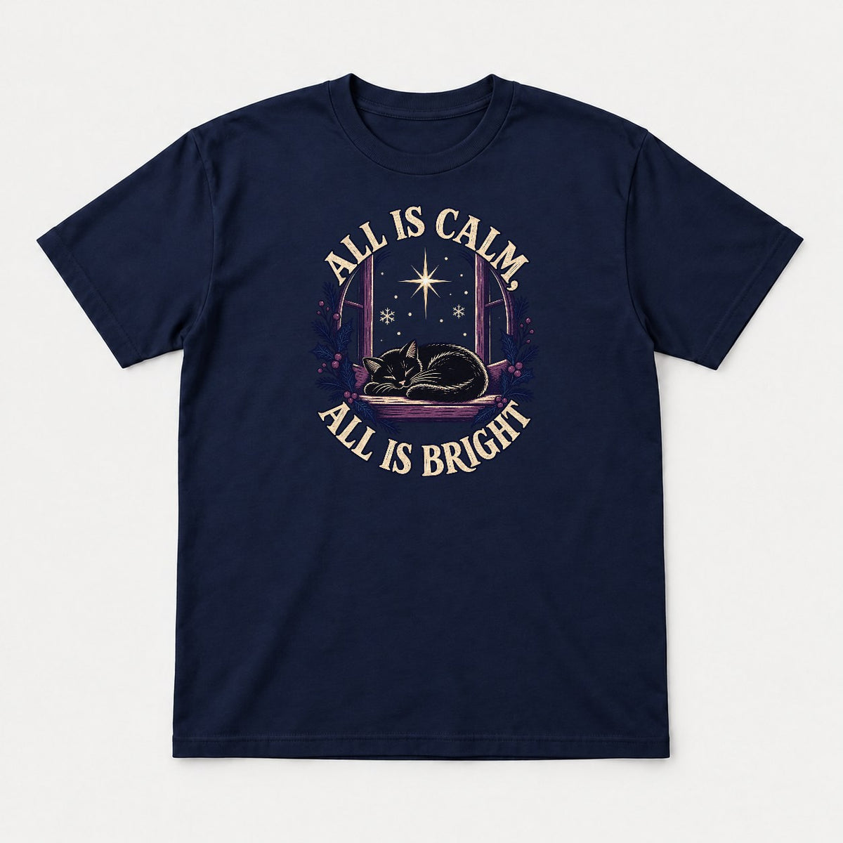 All Is Calm, All Is Bright Sleeping Black Cat Christmas Graphic T-Shirt & Sweatshirt - Tshirt Navy Front