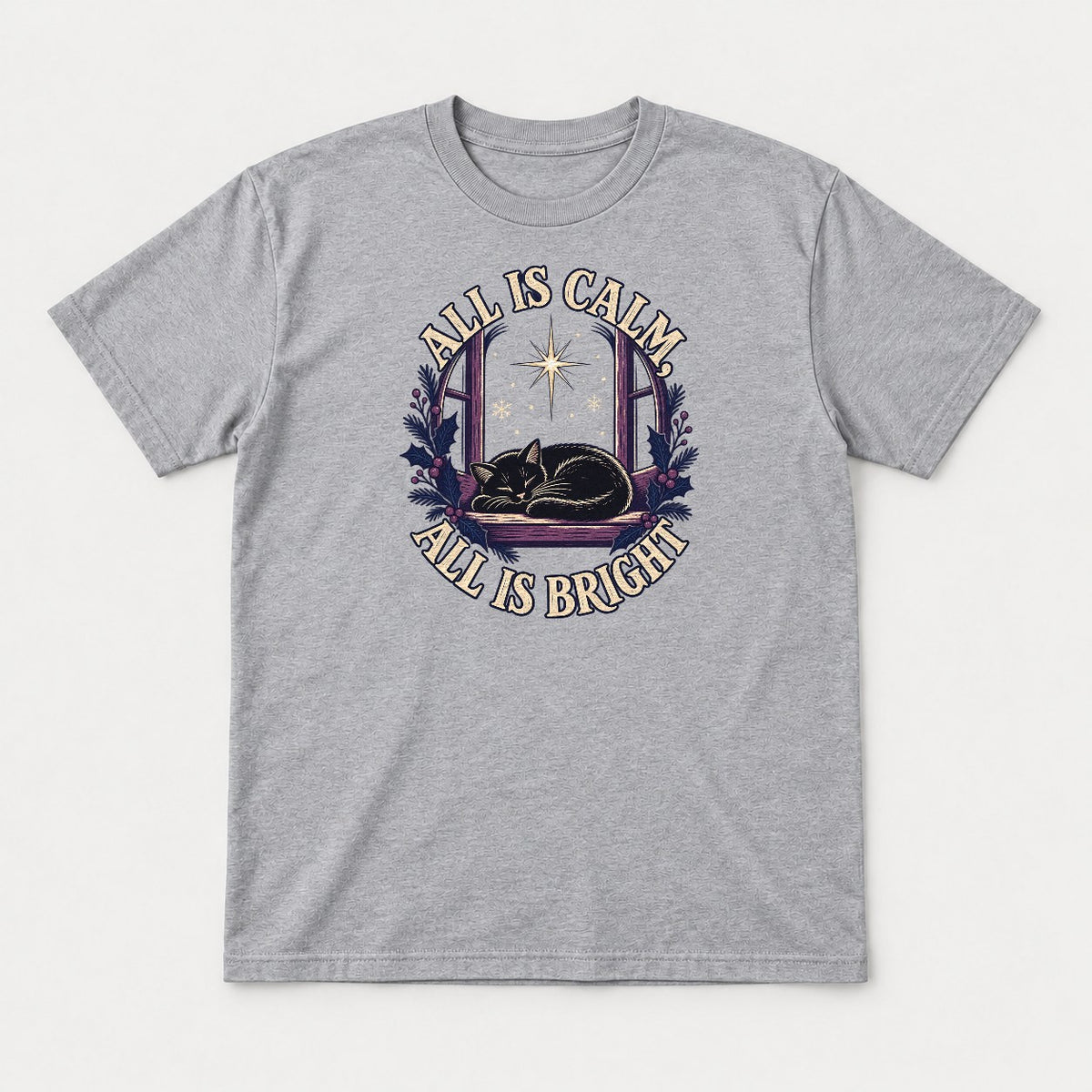 All Is Calm, All Is Bright Sleeping Black Cat Christmas Graphic T-Shirt & Sweatshirt - Tshirt Sport Grey Front