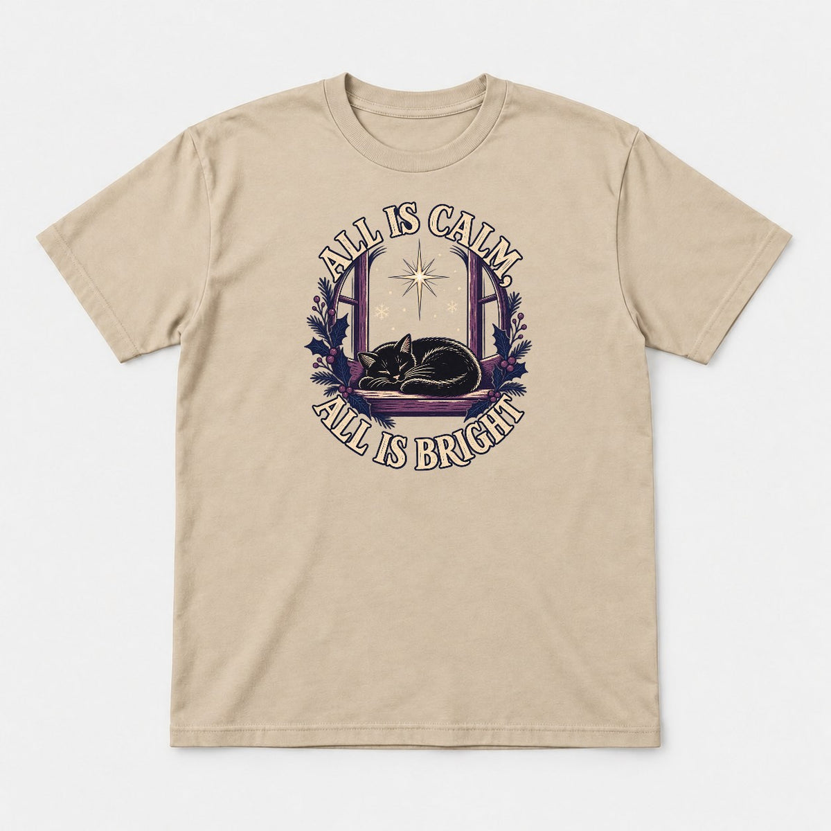 All Is Calm, All Is Bright Sleeping Black Cat Christmas Graphic T-Shirt & Sweatshirt - Tshirt Sand Front