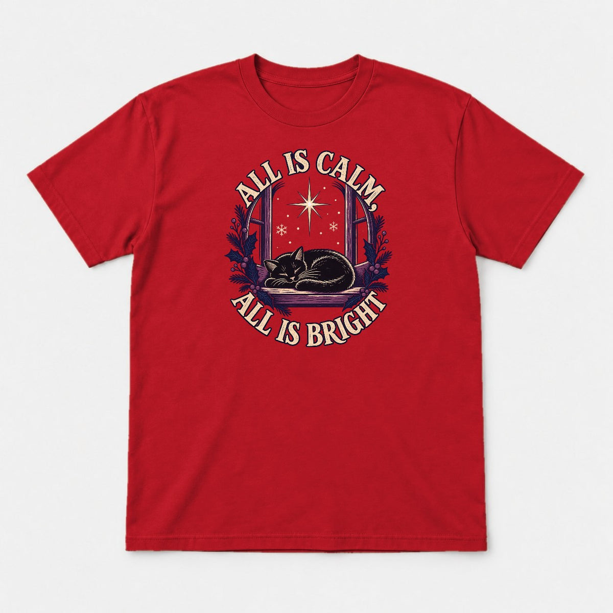 All Is Calm, All Is Bright Sleeping Black Cat Christmas Graphic T-Shirt & Sweatshirt - Tshirt Red Front