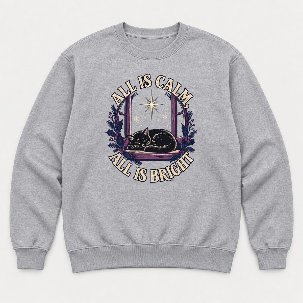 All Is Calm, All Is Bright Sleeping Black Cat Christmas Graphic T-Shirt & Sweatshirt - Sweatshirt Sport Grey Front