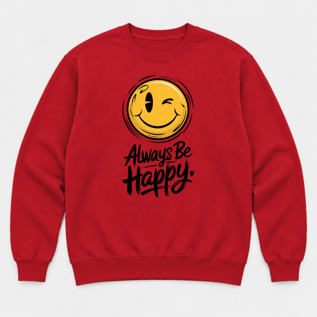 Always Be Happy Winking Smiley Face Graphic T-Shirt & Sweatshirt - Sweatshirt Red Front