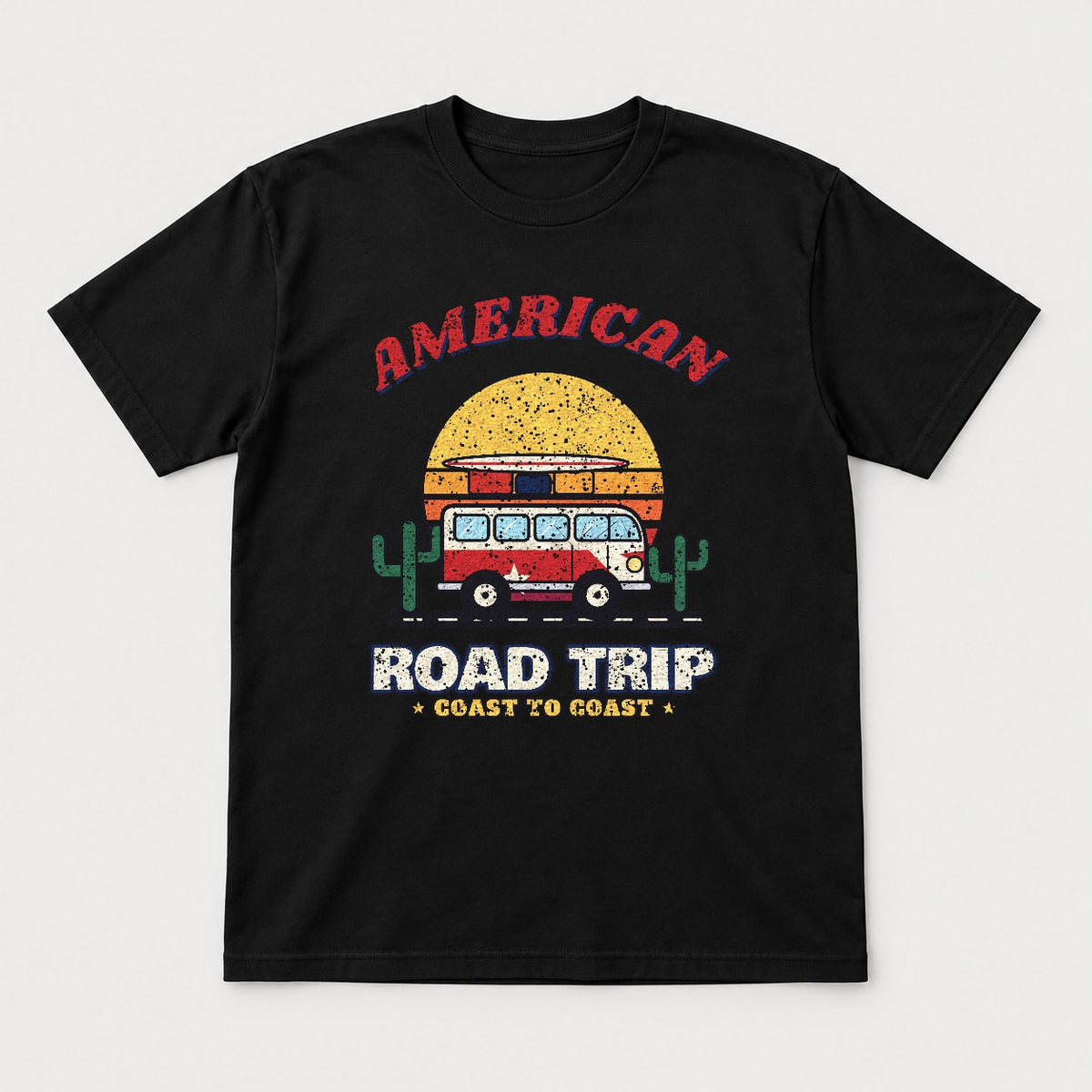 American Road Trip Shirt – Retro Camper Van Sunset Tee - Tshirt Black Front