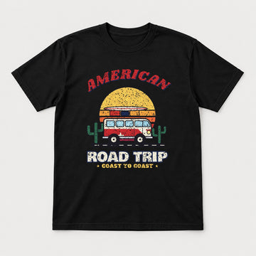 American Road Trip Shirt – Retro Camper Van Sunset Tee - Tshirt Black Front