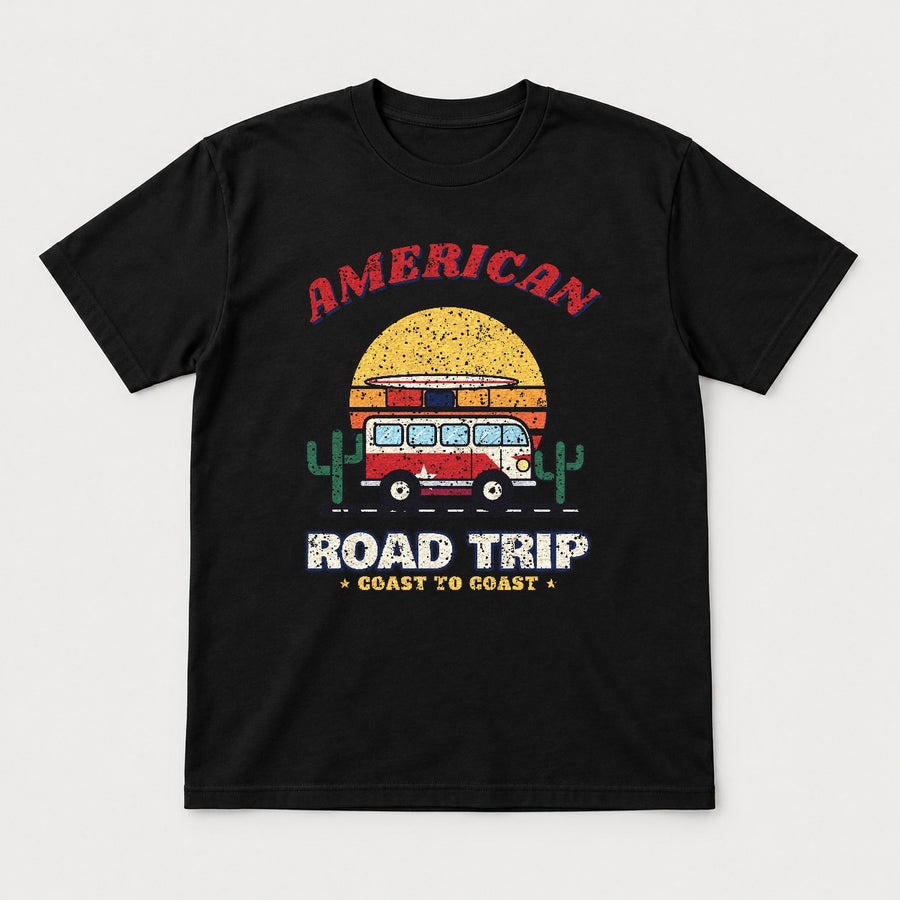 American Road Trip Shirt – Retro Camper Van Sunset Tee