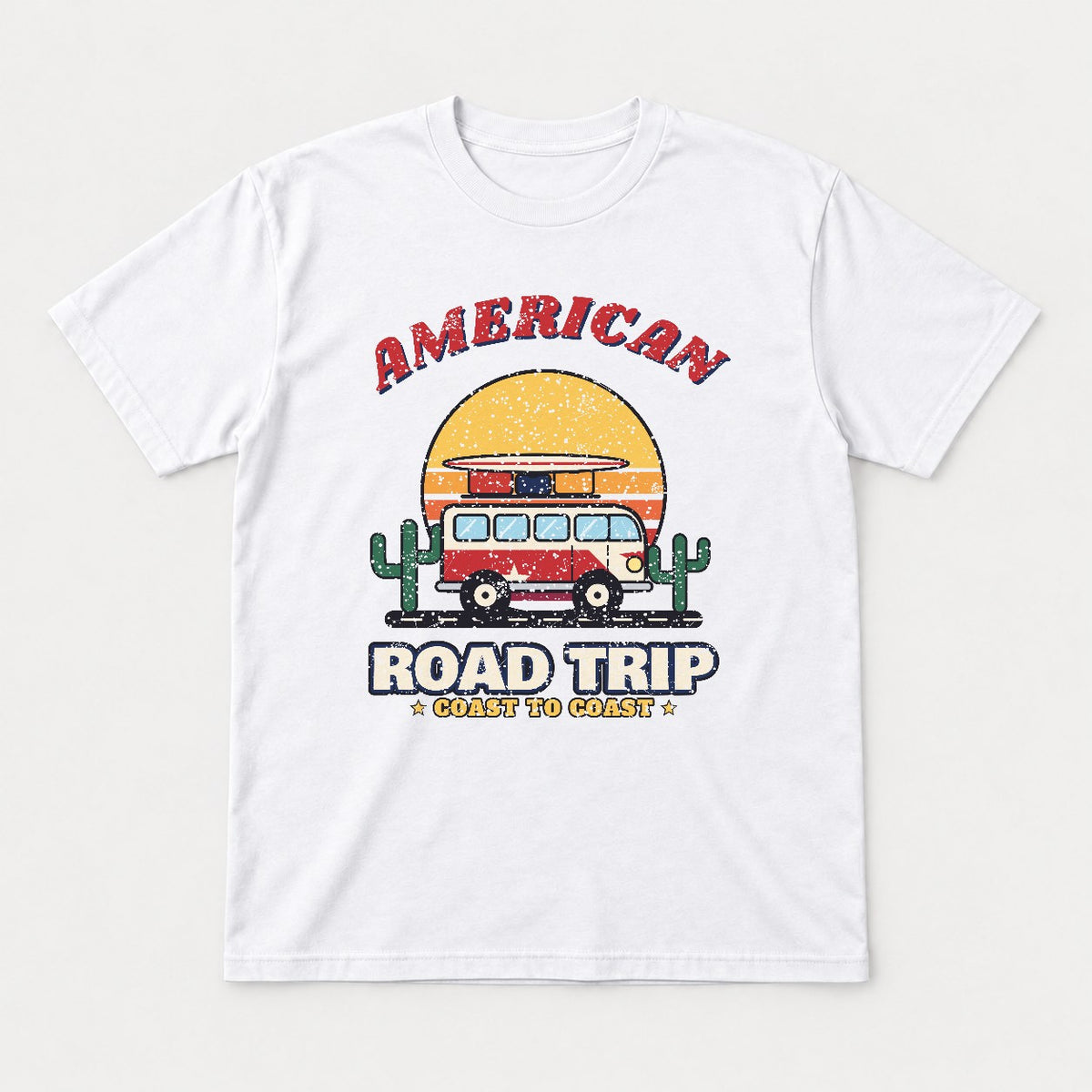 American Road Trip Shirt – Retro Camper Van Sunset Tee - Tshirt White Front
