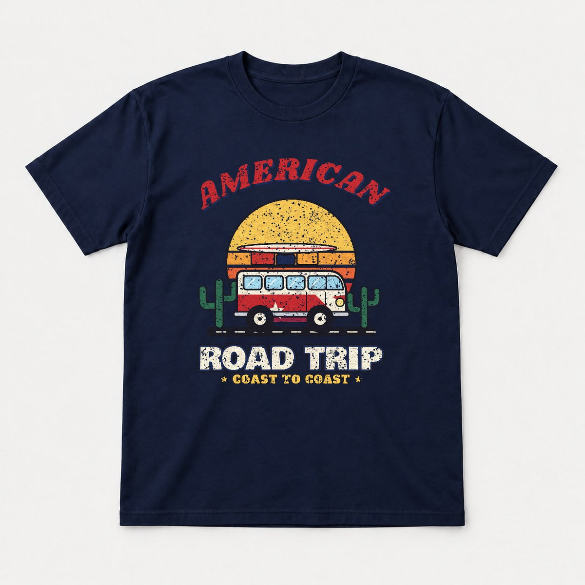 American Road Trip Shirt – Retro Camper Van Sunset Tee - Tshirt Navy Front