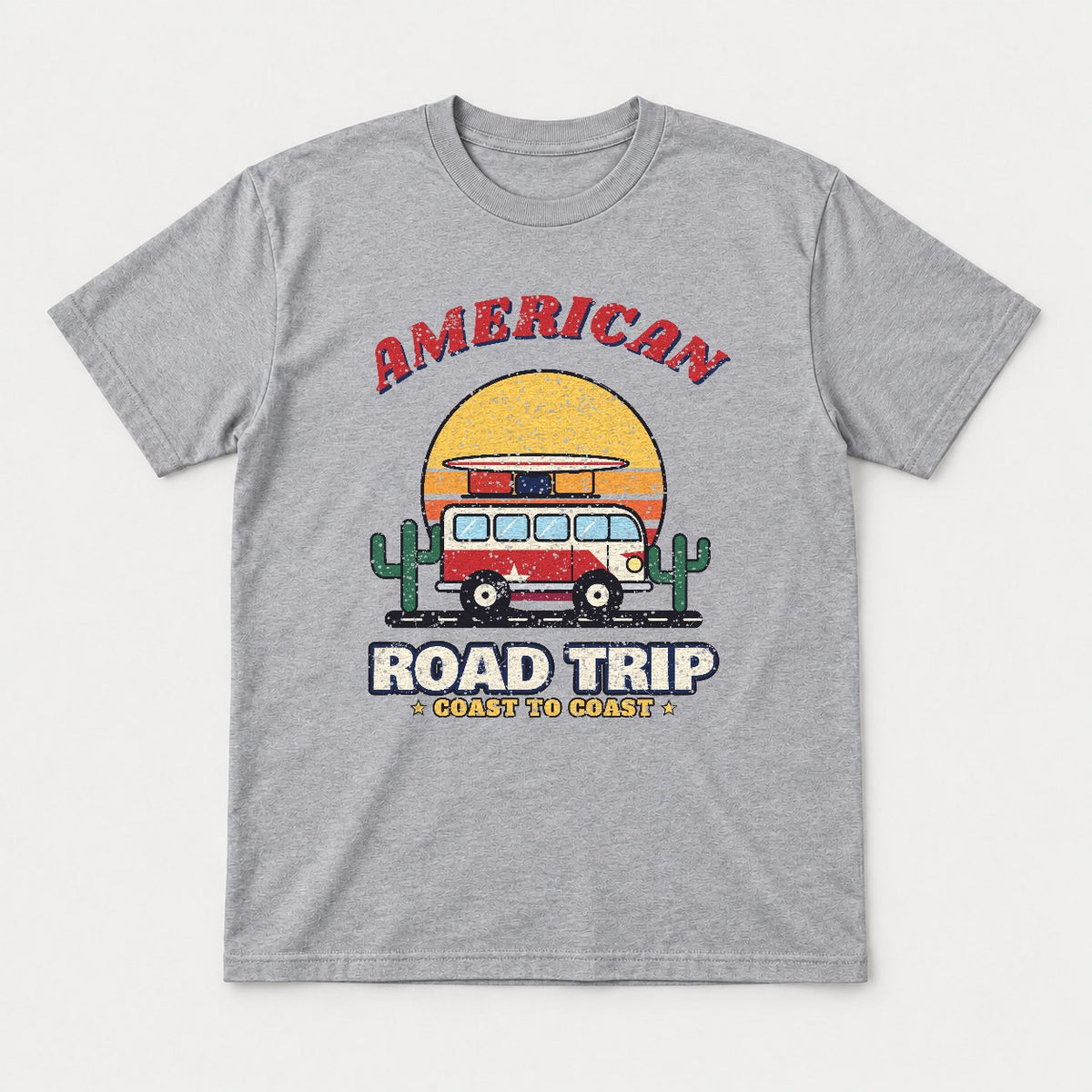 American Road Trip Shirt – Retro Camper Van Sunset Tee - Tshirt Sport Grey Front