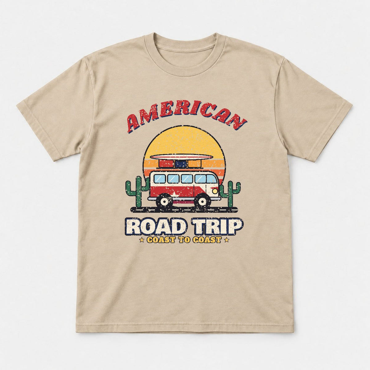 American Road Trip Shirt – Retro Camper Van Sunset Tee - Tshirt Sand Front