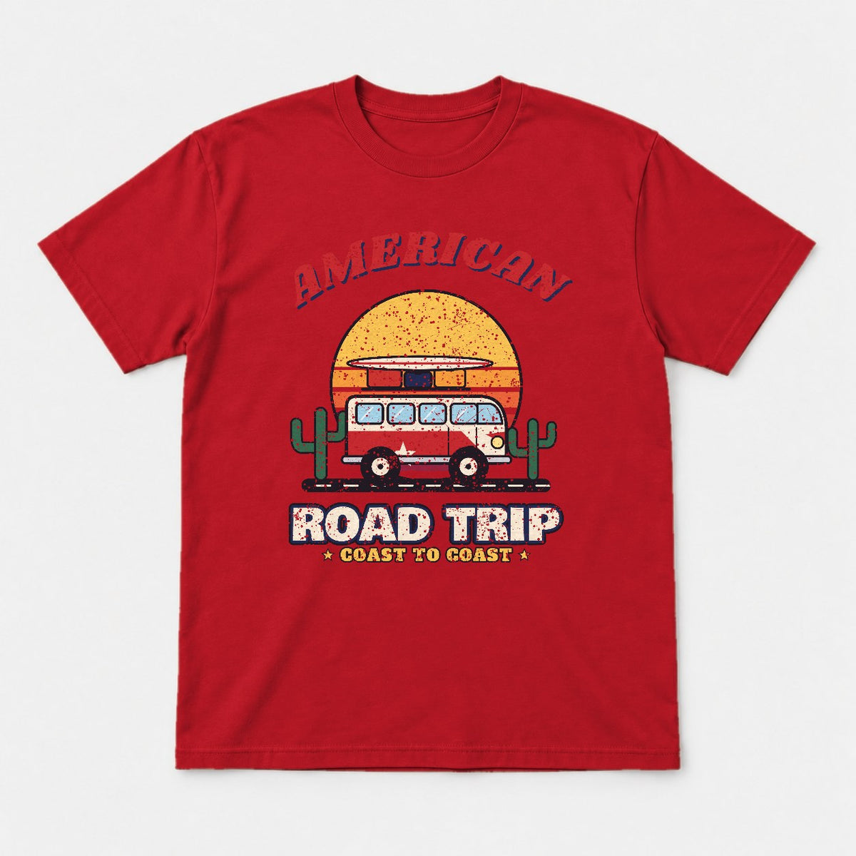 American Road Trip Shirt – Retro Camper Van Sunset Tee - Tshirt Red Front