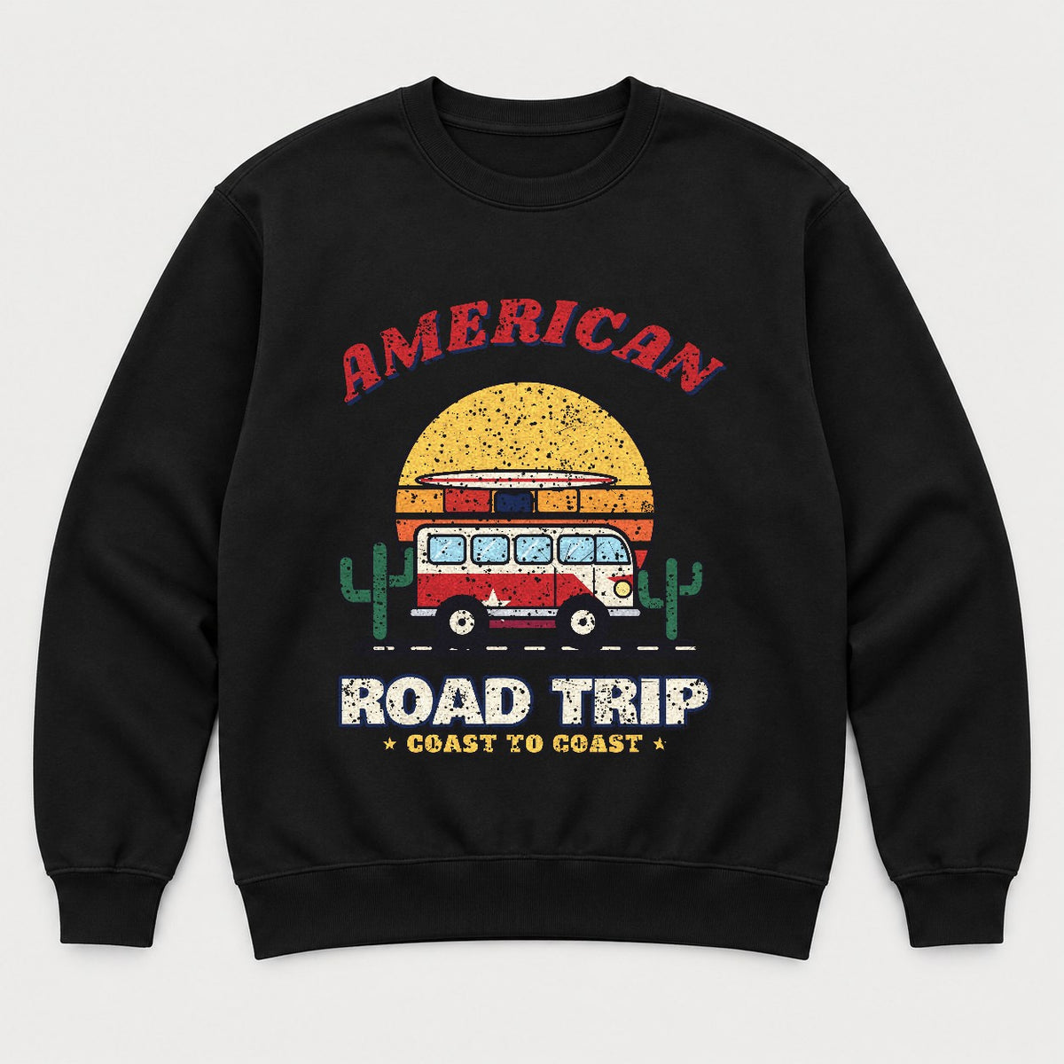 American Road Trip Shirt – Retro Camper Van Sunset Tee - Sweatshirt Black Front