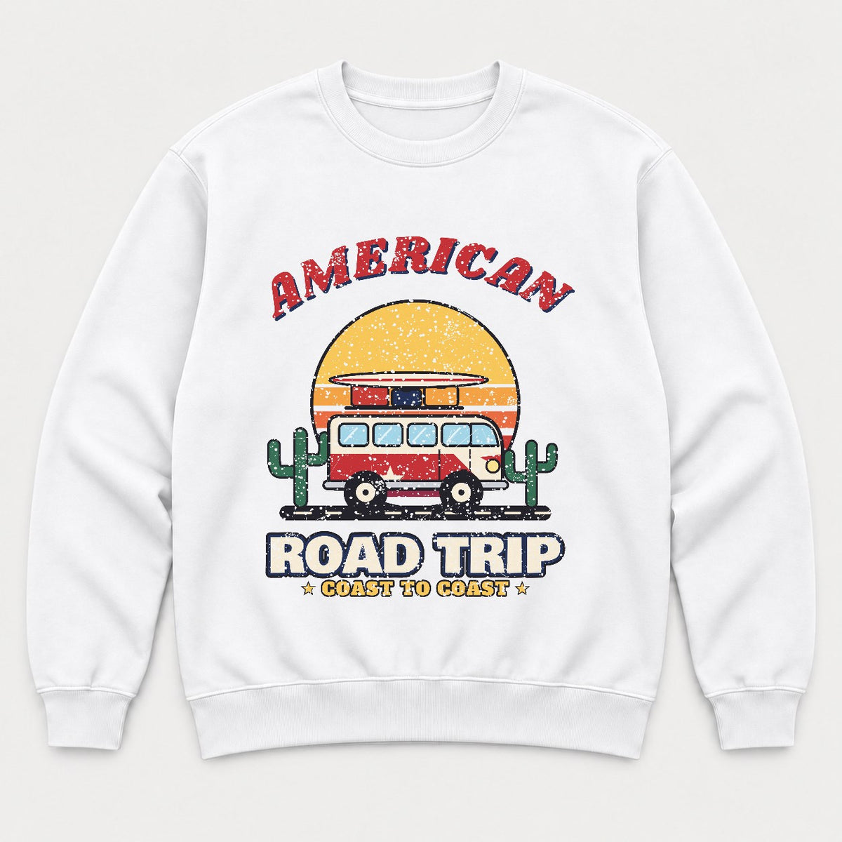 American Road Trip Shirt – Retro Camper Van Sunset Tee - Sweatshirt White Front