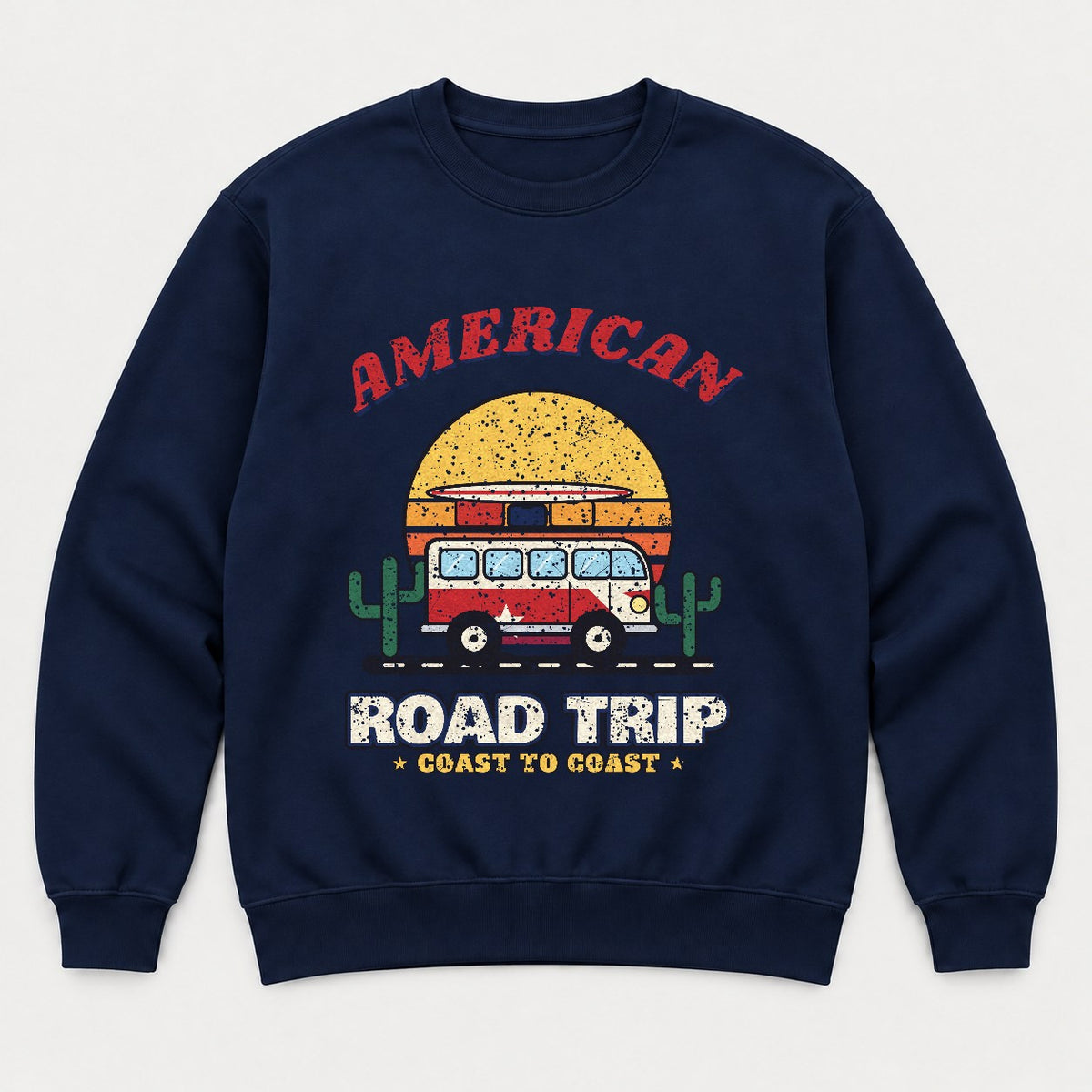 American Road Trip Shirt – Retro Camper Van Sunset Tee - Sweatshirt Navy Front