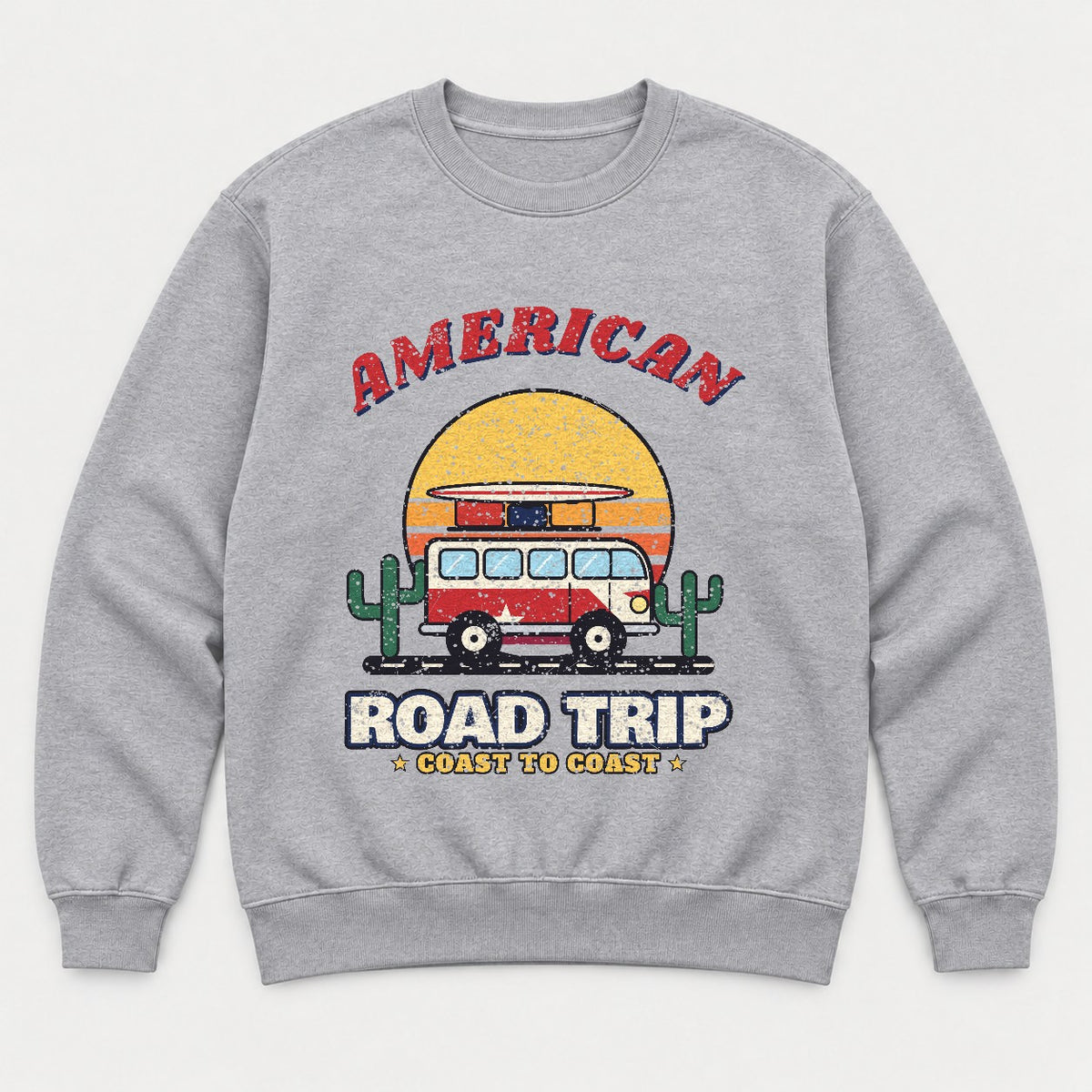 American Road Trip Shirt – Retro Camper Van Sunset Tee - Sweatshirt Sport Grey Front