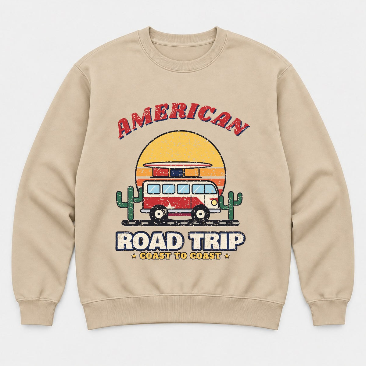 American Road Trip Shirt – Retro Camper Van Sunset Tee - Sweatshirt Sand Front