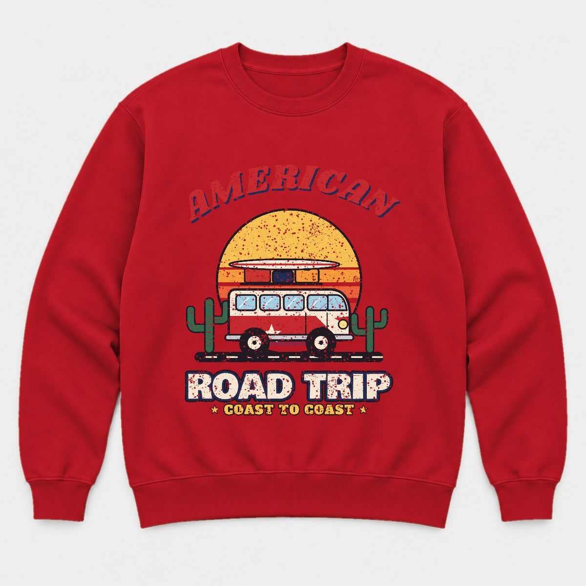 American Road Trip Shirt – Retro Camper Van Sunset Tee - Sweatshirt Red Front