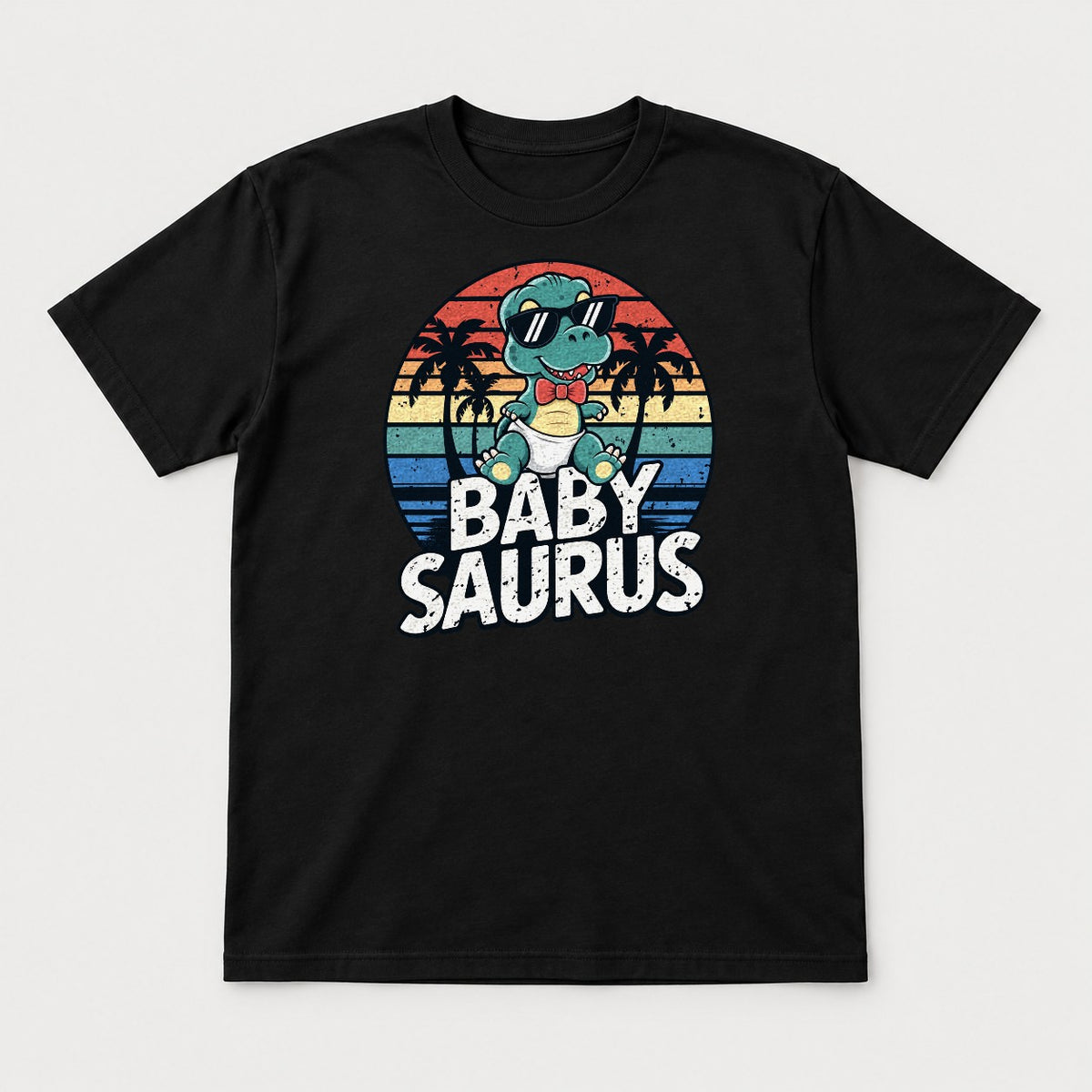 Baby Saurus Retro Sunset Dinosaur Graphic T-Shirt & Sweatshirt - Tshirt Black Front
