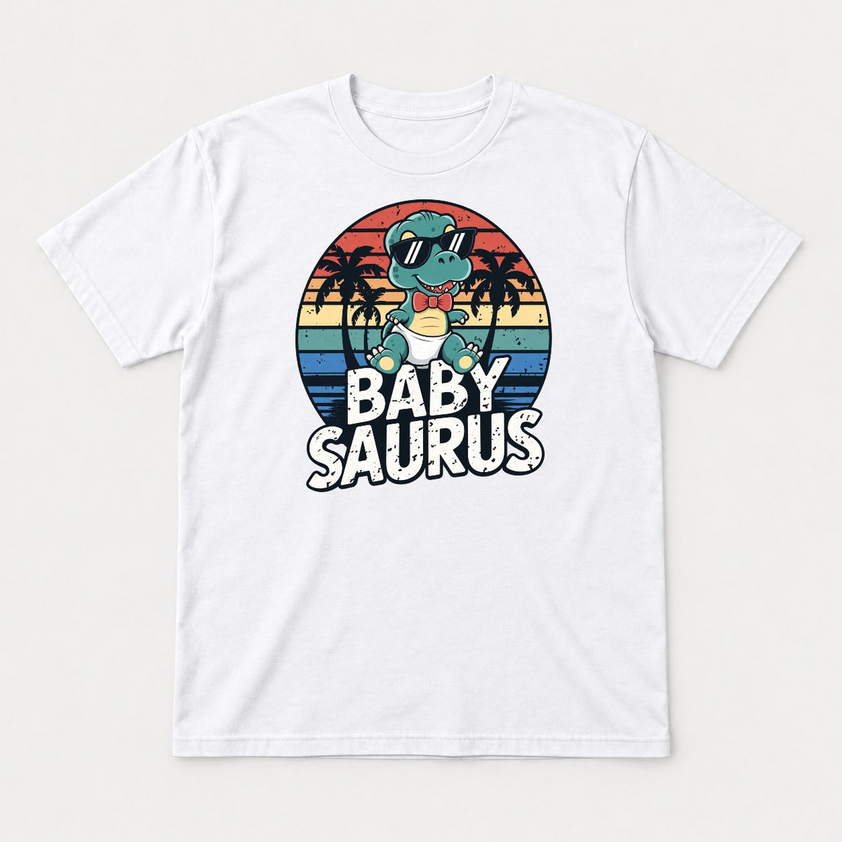 Baby Saurus Retro Sunset Dinosaur Graphic T-Shirt & Sweatshirt - Tshirt White Front
