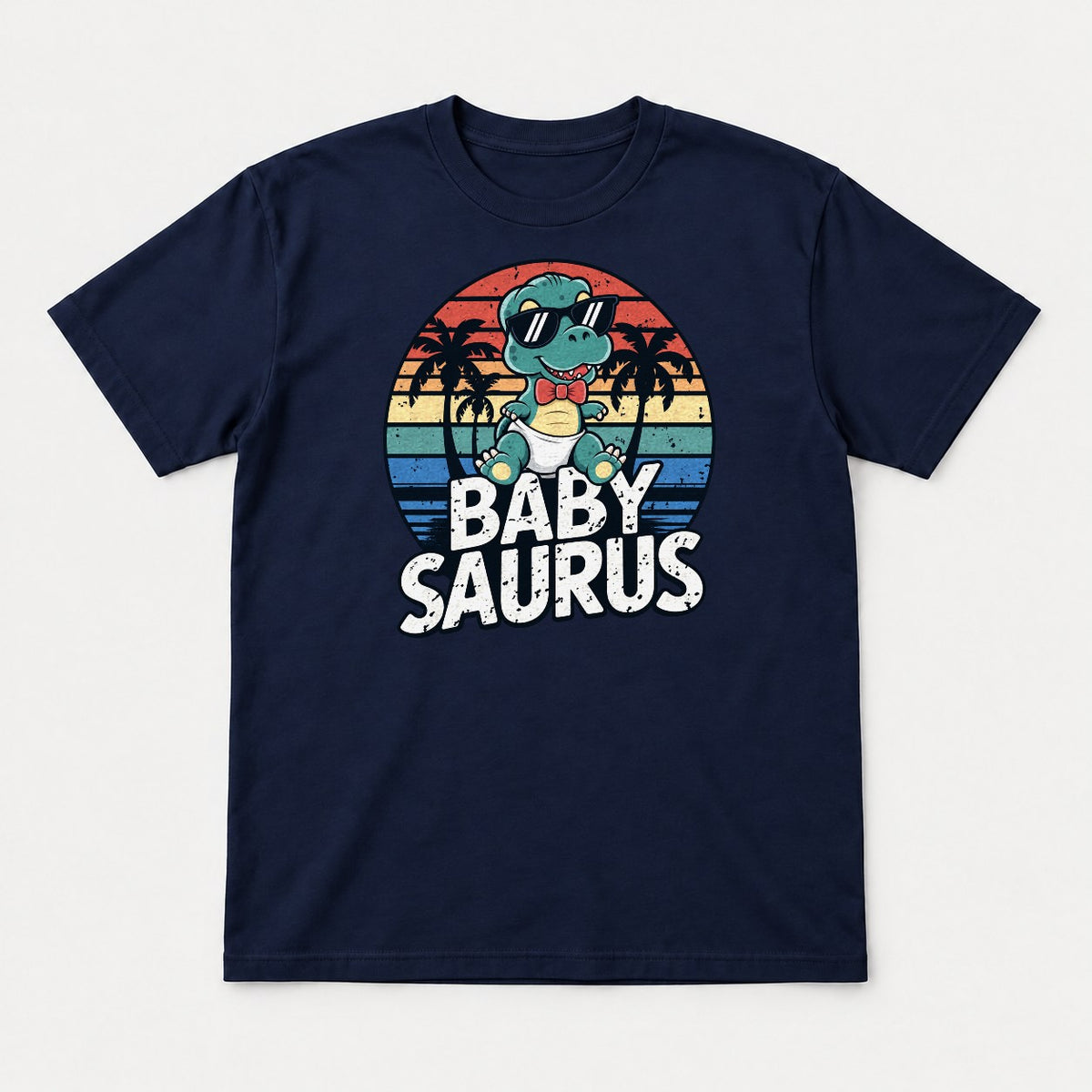 Baby Saurus Retro Sunset Dinosaur Graphic T-Shirt & Sweatshirt - Tshirt Navy Front