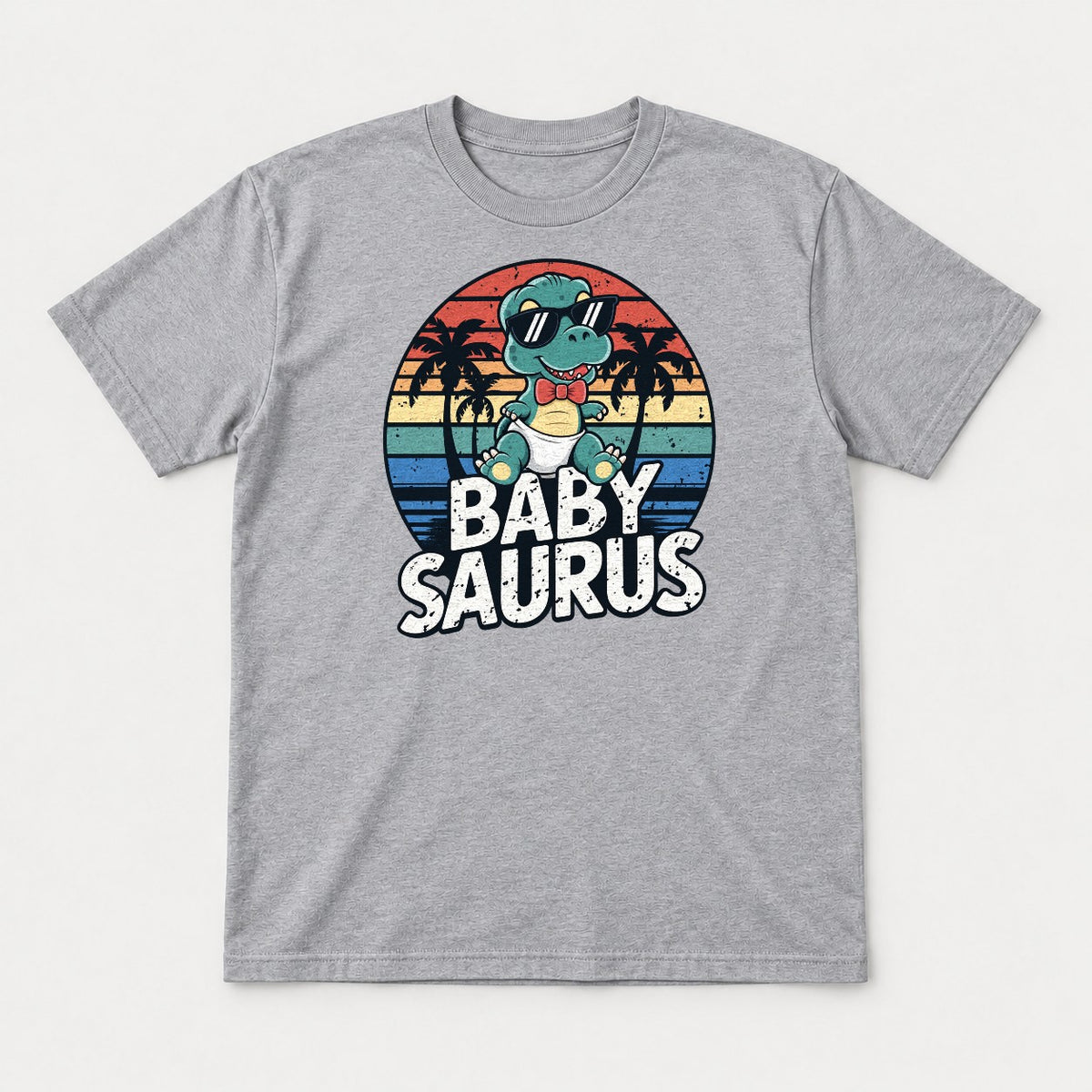 Baby Saurus Retro Sunset Dinosaur Graphic T-Shirt & Sweatshirt - Tshirt Sport Grey Front