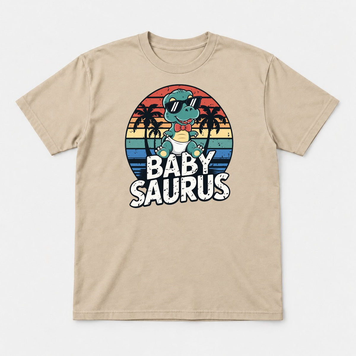 Baby Saurus Retro Sunset Dinosaur Graphic T-Shirt & Sweatshirt - Tshirt Sand Front