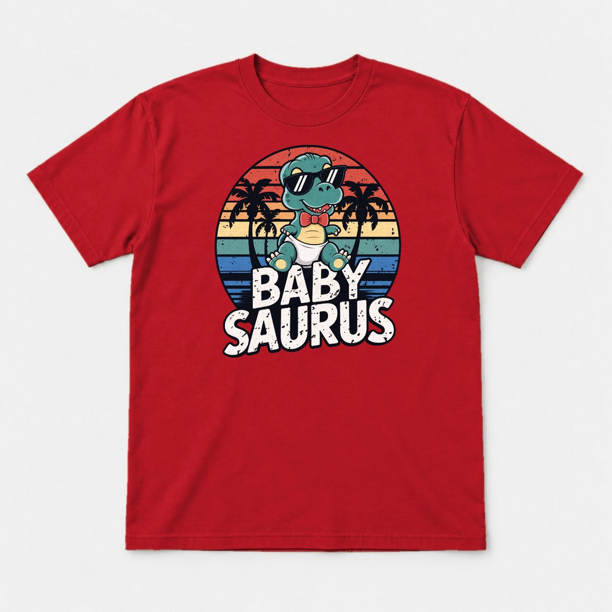 Baby Saurus Retro Sunset Dinosaur Graphic T-Shirt & Sweatshirt - Tshirt Red Front