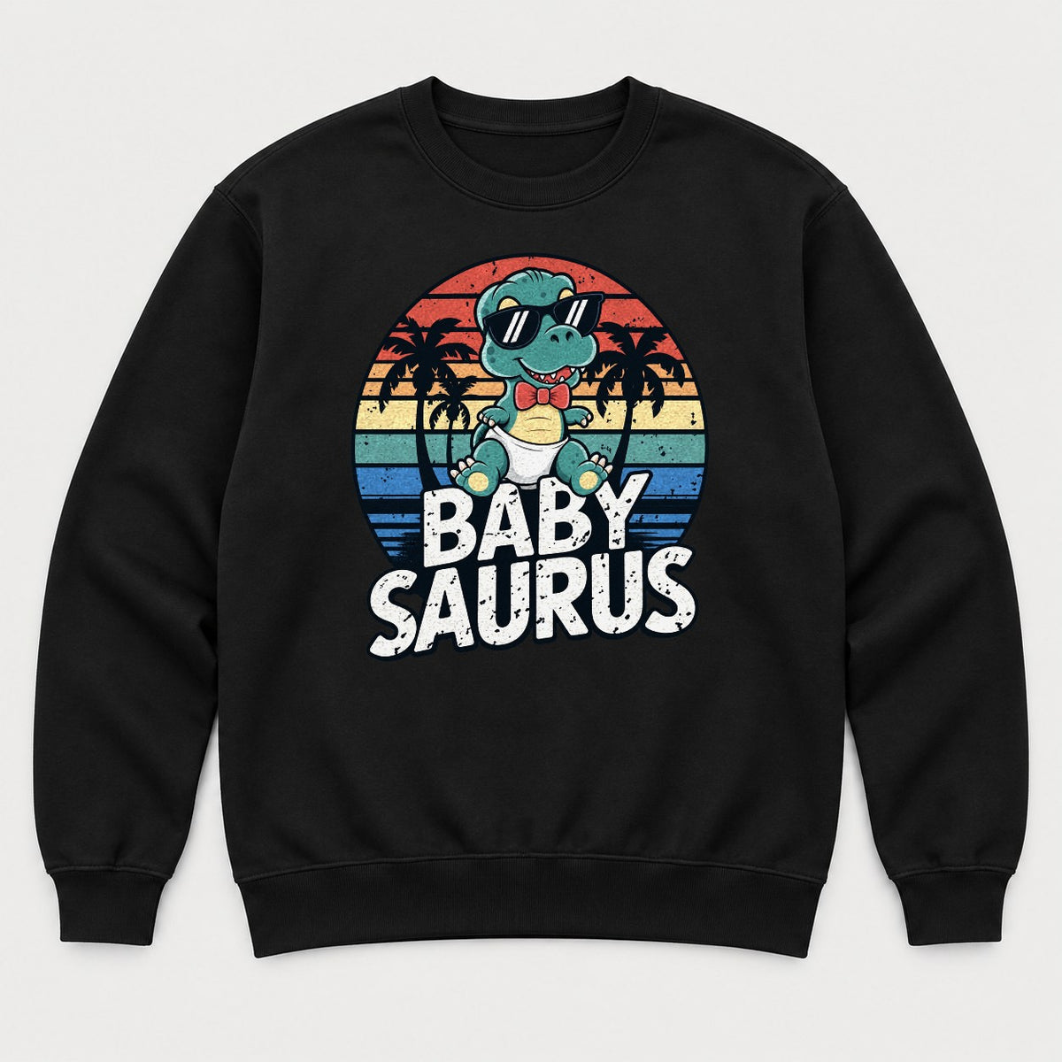 Baby Saurus Retro Sunset Dinosaur Graphic T-Shirt & Sweatshirt - Sweatshirt Black Front