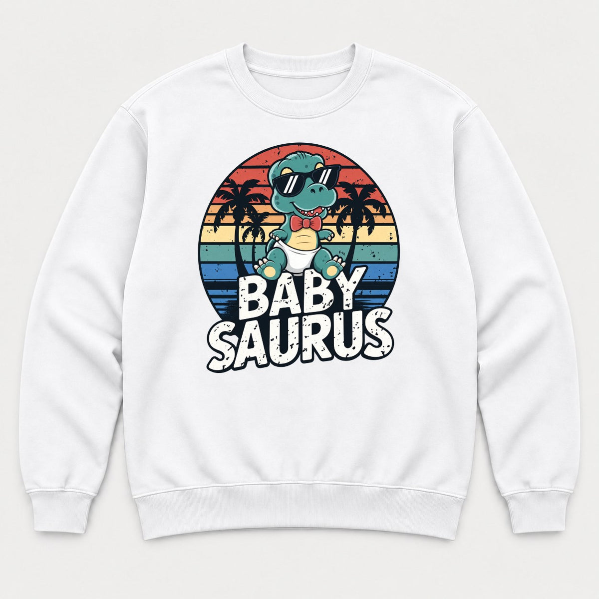 Baby Saurus Retro Sunset Dinosaur Graphic T-Shirt & Sweatshirt - Sweatshirt White Front