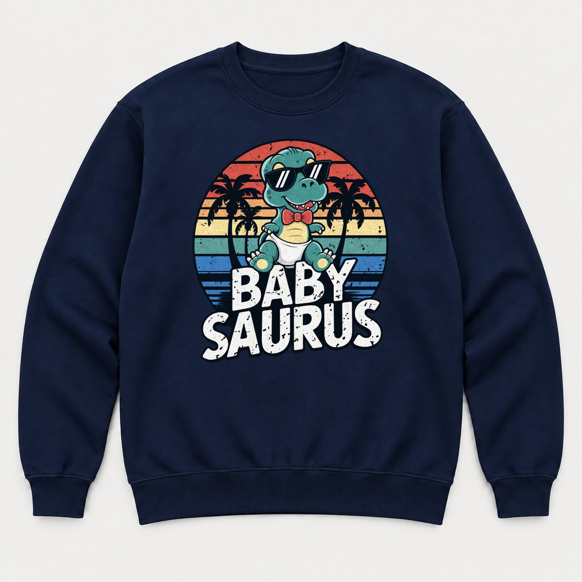 Baby Saurus Retro Sunset Dinosaur Graphic T-Shirt & Sweatshirt - Sweatshirt Navy Front