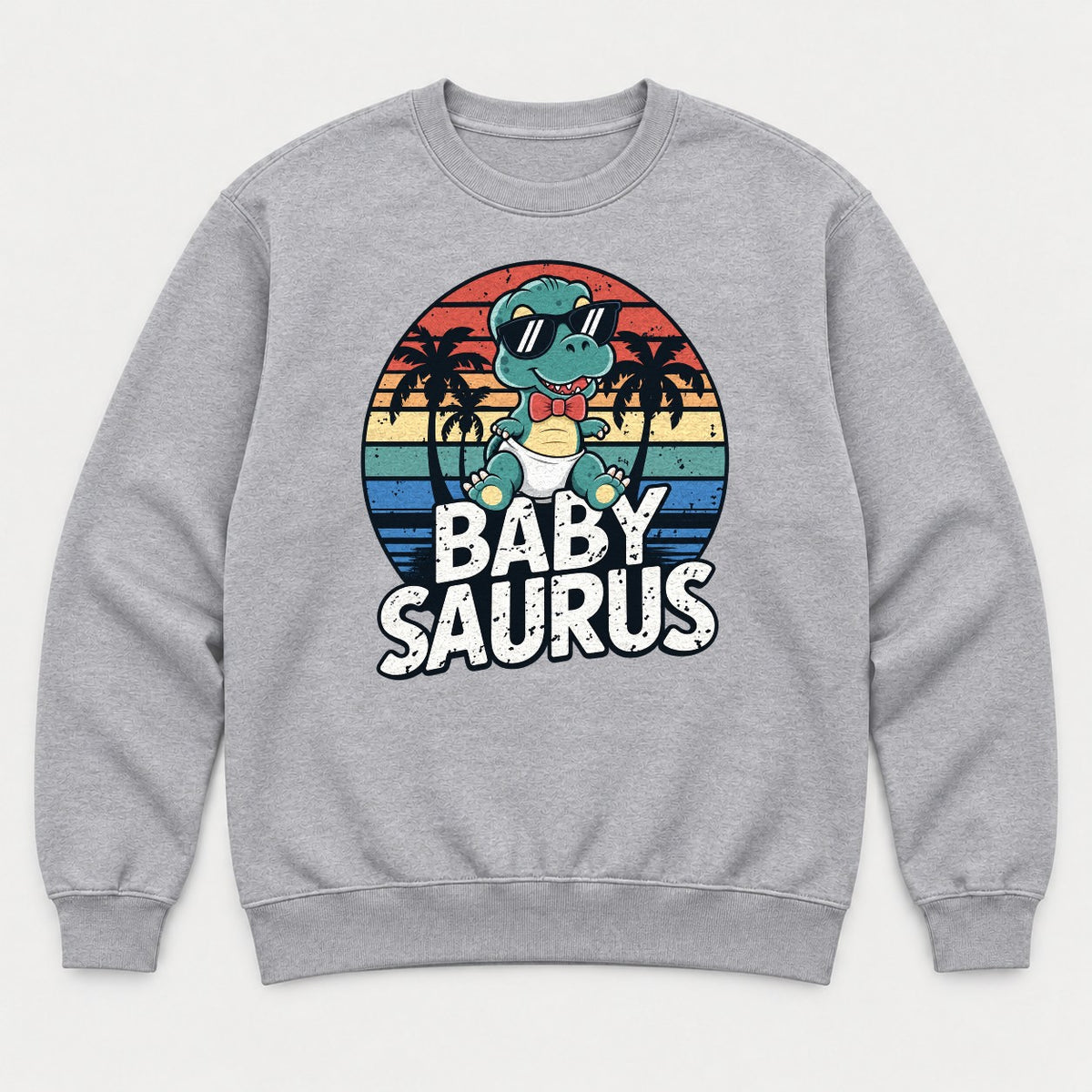 Baby Saurus Retro Sunset Dinosaur Graphic T-Shirt & Sweatshirt - Sweatshirt Sport Grey Front