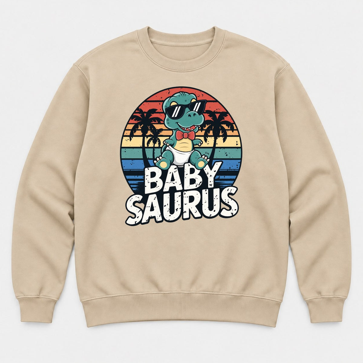Baby Saurus Retro Sunset Dinosaur Graphic T-Shirt & Sweatshirt - Sweatshirt Sand Front