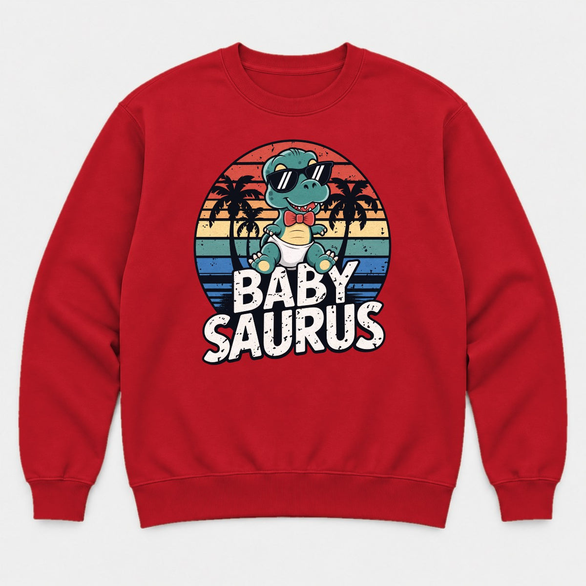 Baby Saurus Retro Sunset Dinosaur Graphic T-Shirt & Sweatshirt - Sweatshirt Red Front